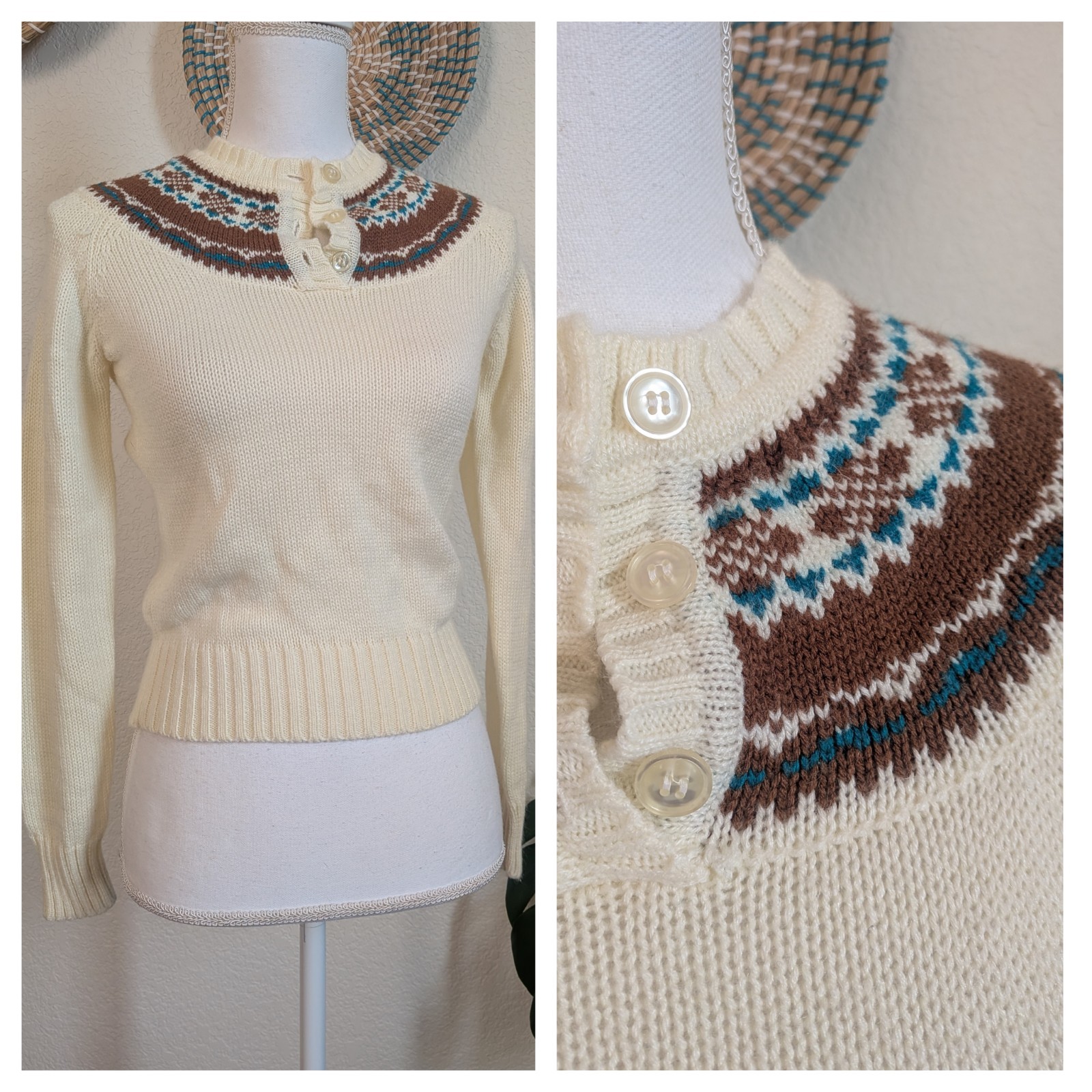 Vintage Rare Sears JR Bazaar 70s Crochet Knitted Long Sleeve Sweater Small
