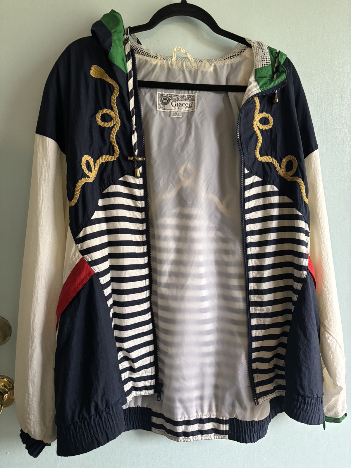 GIACCA SPORT Retro 90s Vintage Hooded Zip Windbreaker Nautical Sz L