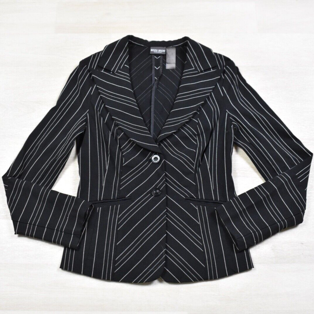 Y2K Bisou Bisou Black Pinstripe Blazer Fitted Size 6 VTG 2000s