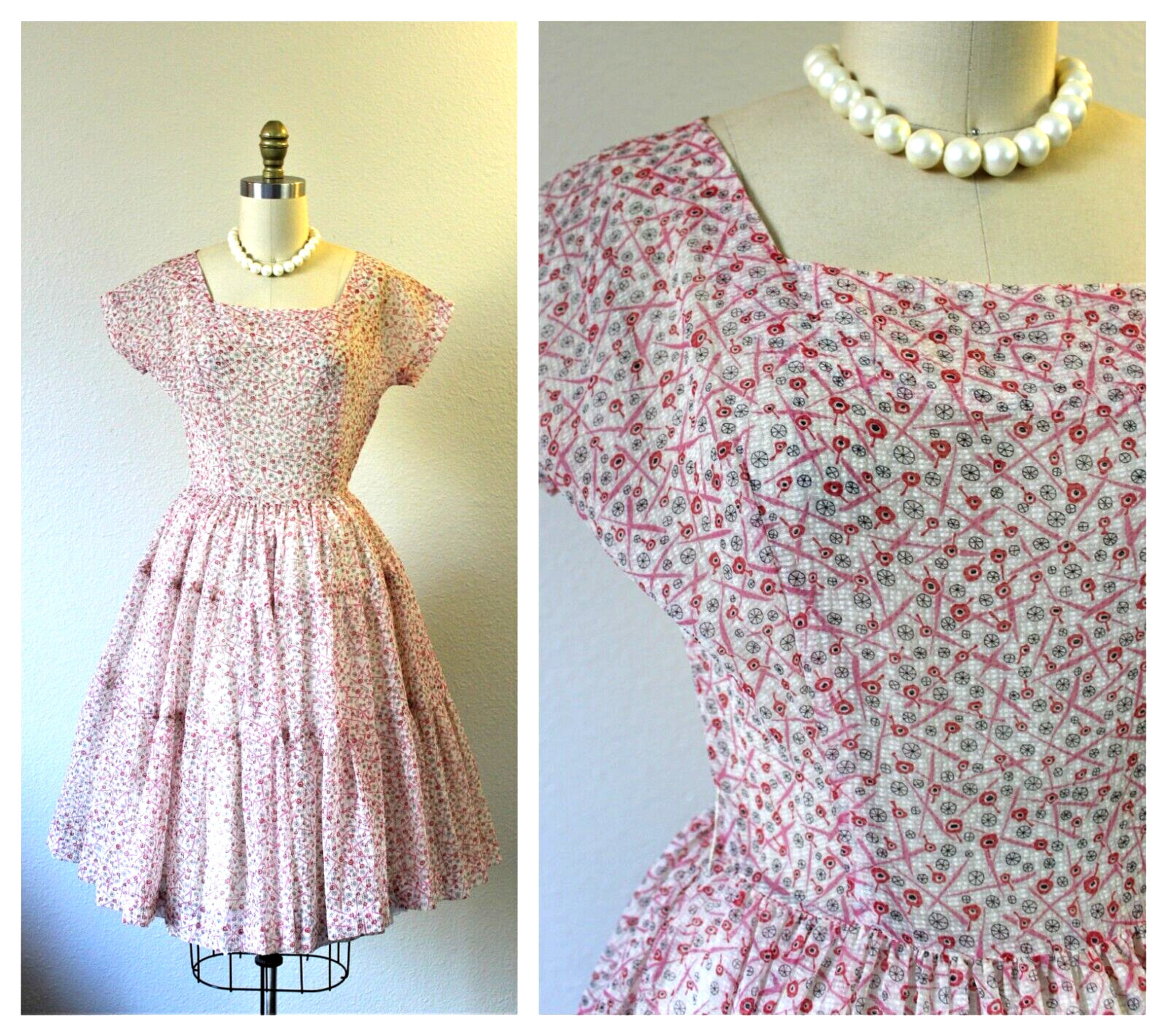 Vintage 50s Jonathan Logan Sheer crepe seersucker atomic novelty print dress