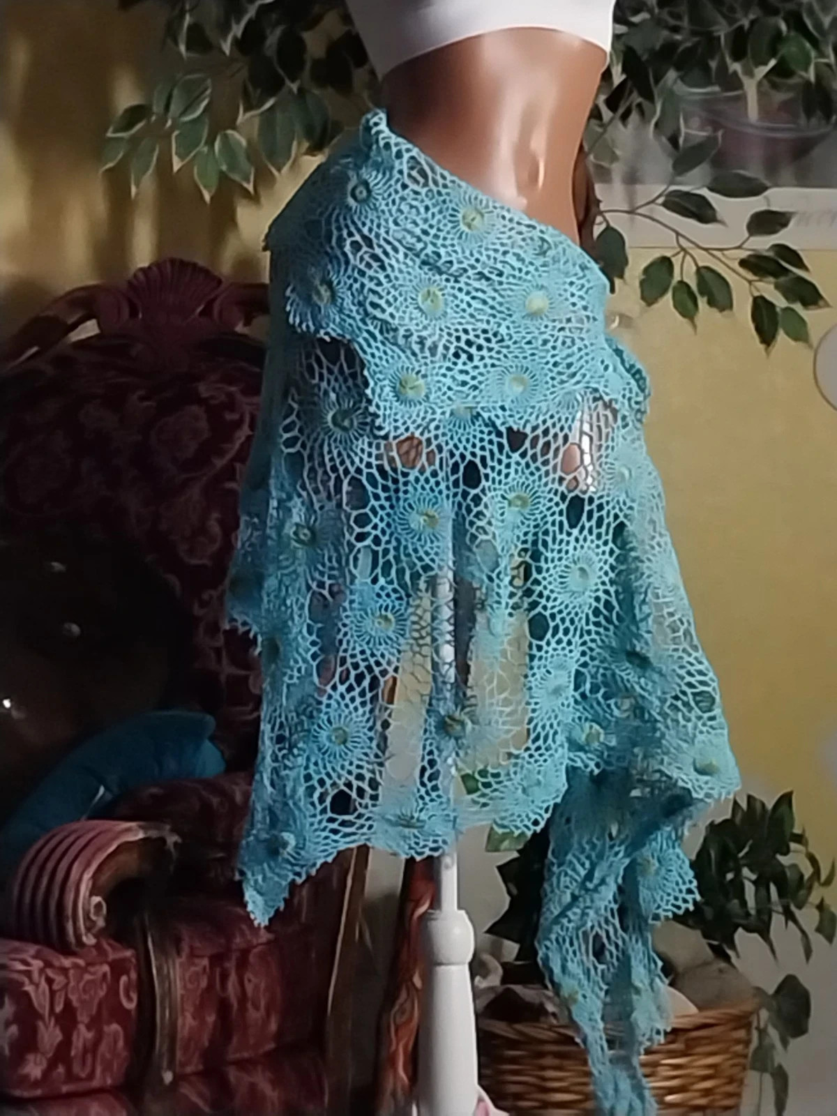 VTG CROCHET MAGNOLIA FLOWERS REWORKED UPCYCLED HOBO BOHO SKIRT WRAP SHAWL OS