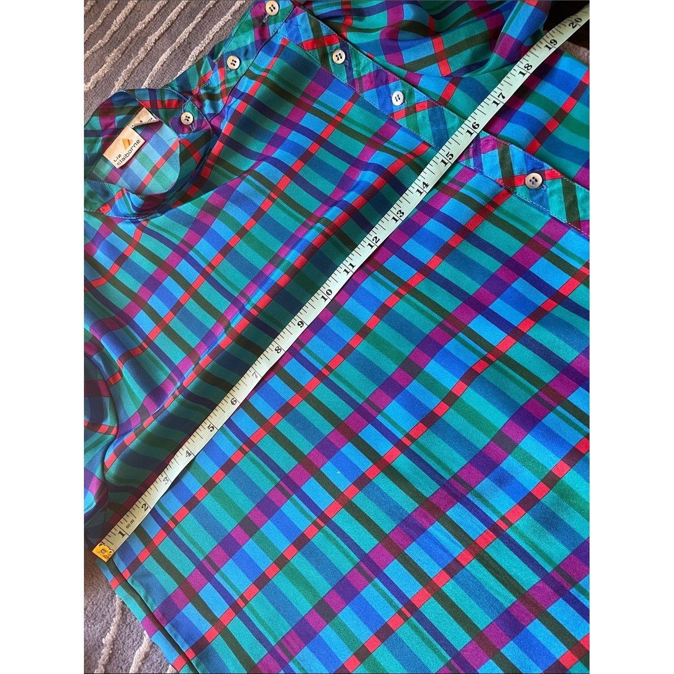 Vintage Liz Claiborne Plaid Blouse Teal Purple Green Red Button Side Panel Sz 8