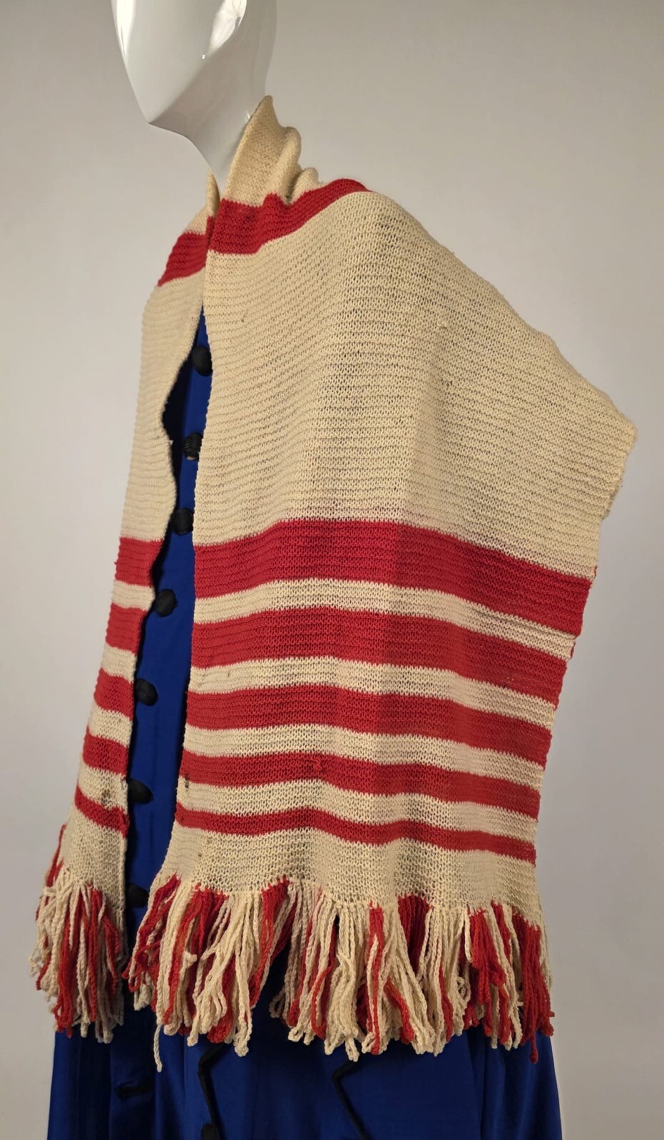 CIVIL WAR 1860’S RED + WHITE HAND KNIT WOOL SHAWL FOR DRESS W FRINGE EDGING