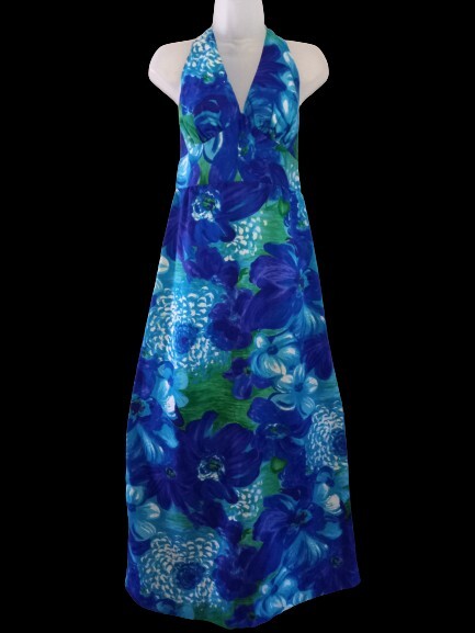 Vintage 60s Hale Aloha Tiki Oasis Hawaiian Blue Floral Barkcloth Halter Dress XS