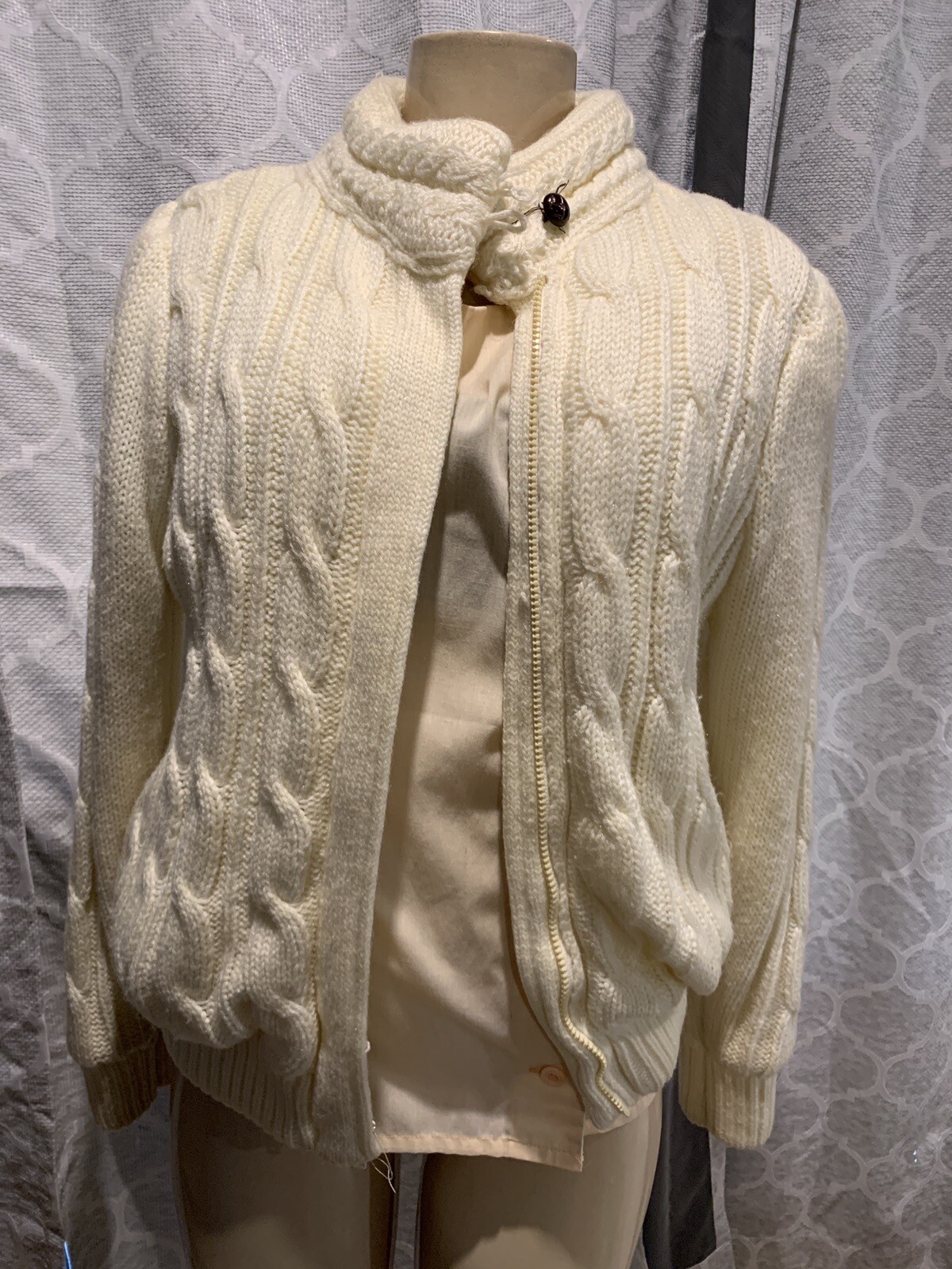 VTG 80s CHERRY STIX IVORY Zip Up Sz S CARDIGAN Faux Fur Lined Cable Knit Jacket