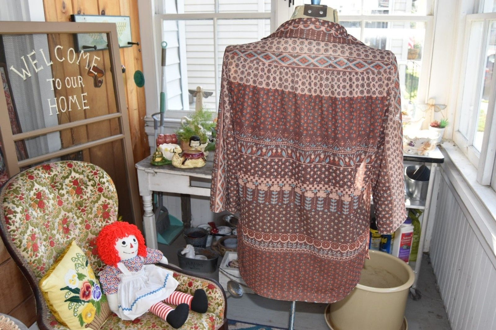 Vintage 1970s Blouse Boho Floral Geometric Print Tunic Sheer Brown M-L