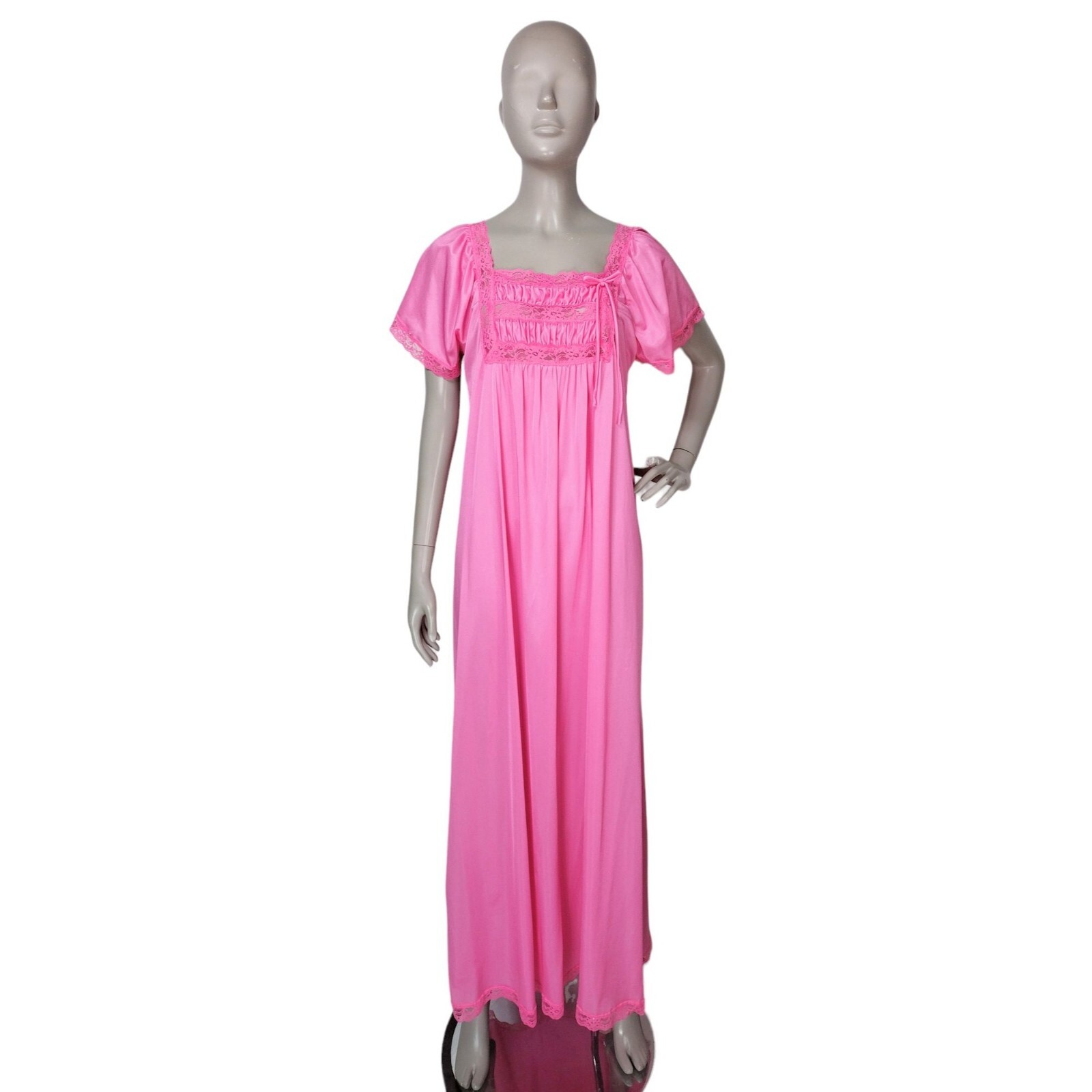 Rikki New York 70s Vintage Pink Nylon Smocked Lace Trim Sweeping Nightgown