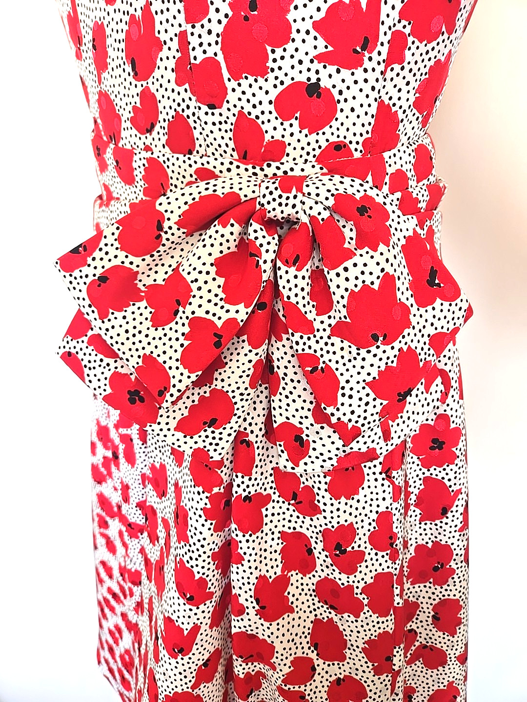 Vintage Hanae Mori Boutique side bow S Midi Dress Red White Black dots Floral