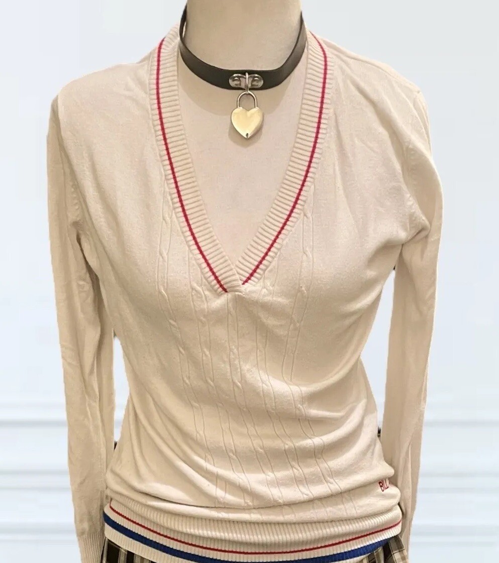 Vintage Cricket Sweater BILLABONG V Neck Long Sleeve Preppy Tennis White Polo L