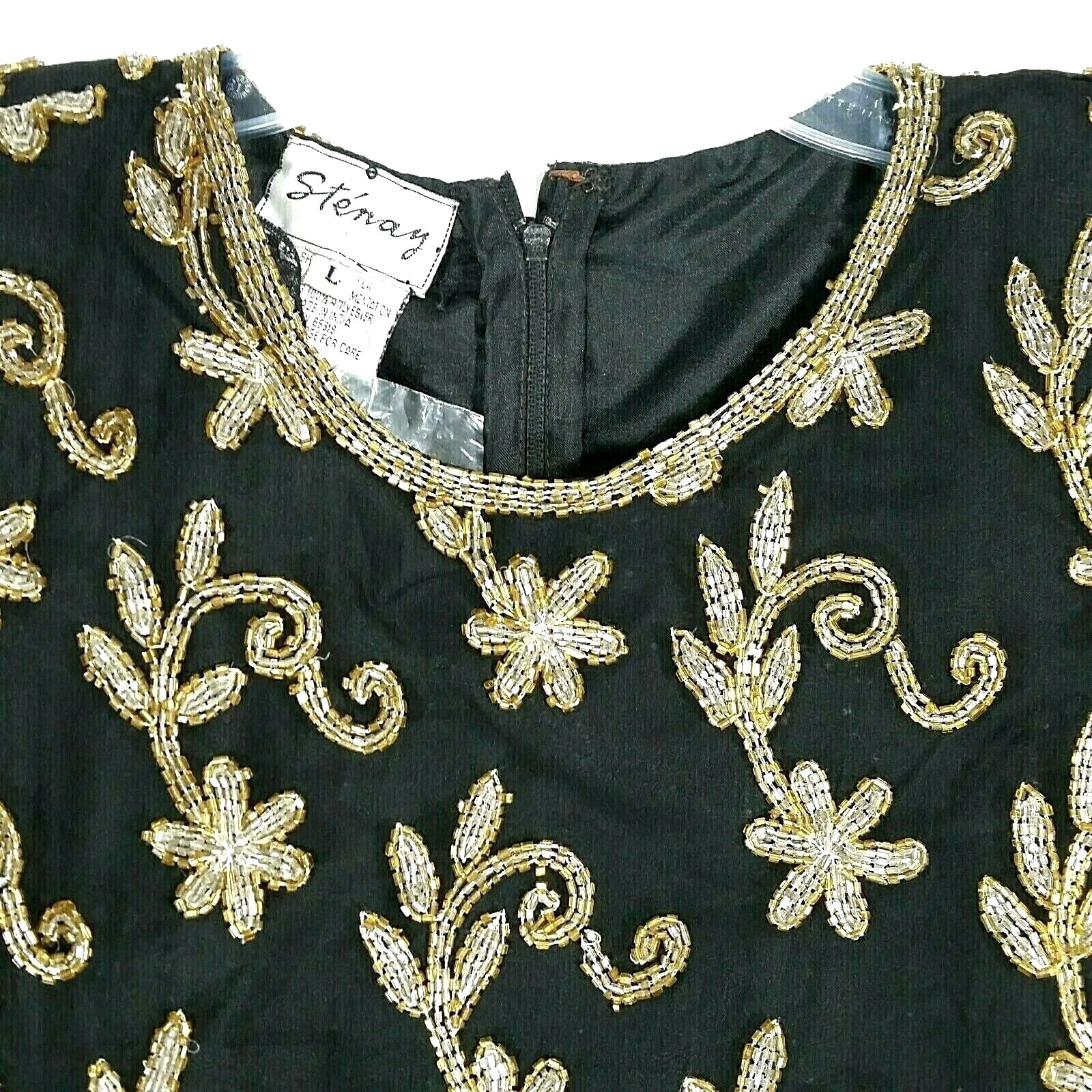 NEW STENAY Top 100% Silk Vtg S Holiday Gold Silver Metallic Beads Scallops Event