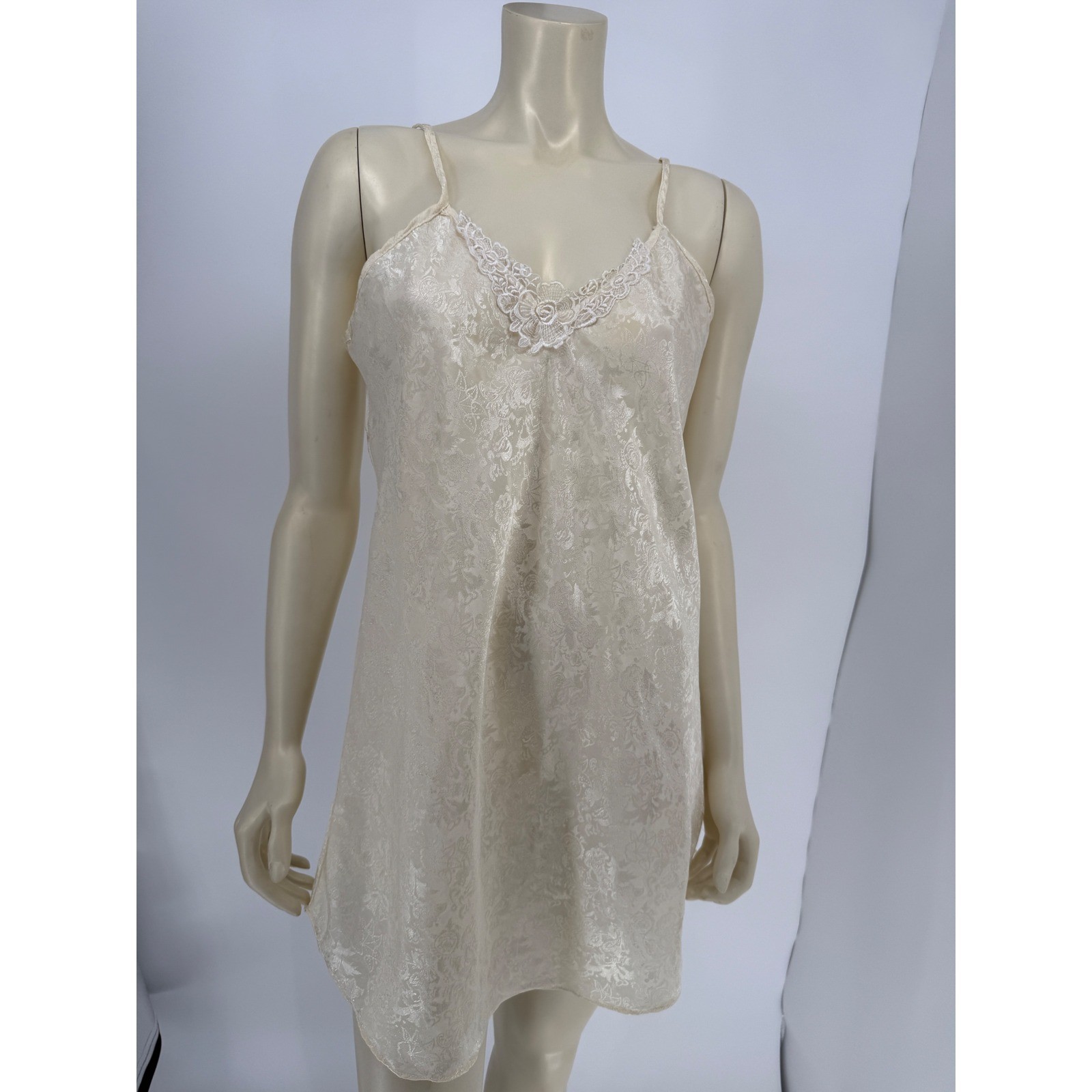 Audrey Lane Satin Nightgown Dress Large Ivory Floral Jacquard Lace Slip Lingerie