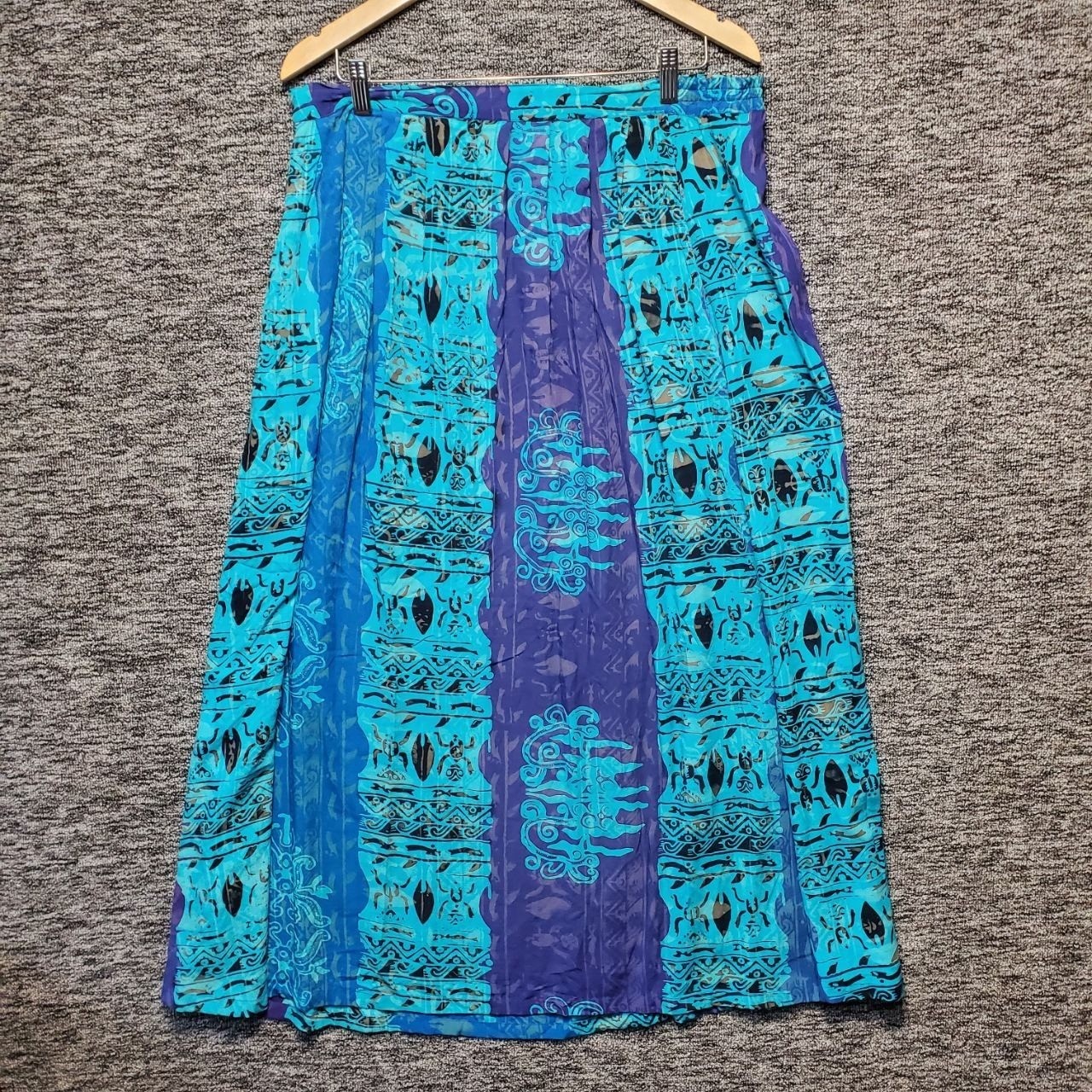 Vintage Hilo Hattie Maxi Wrap Skirt Womens Medium Blue Patchwork Batik Elephant