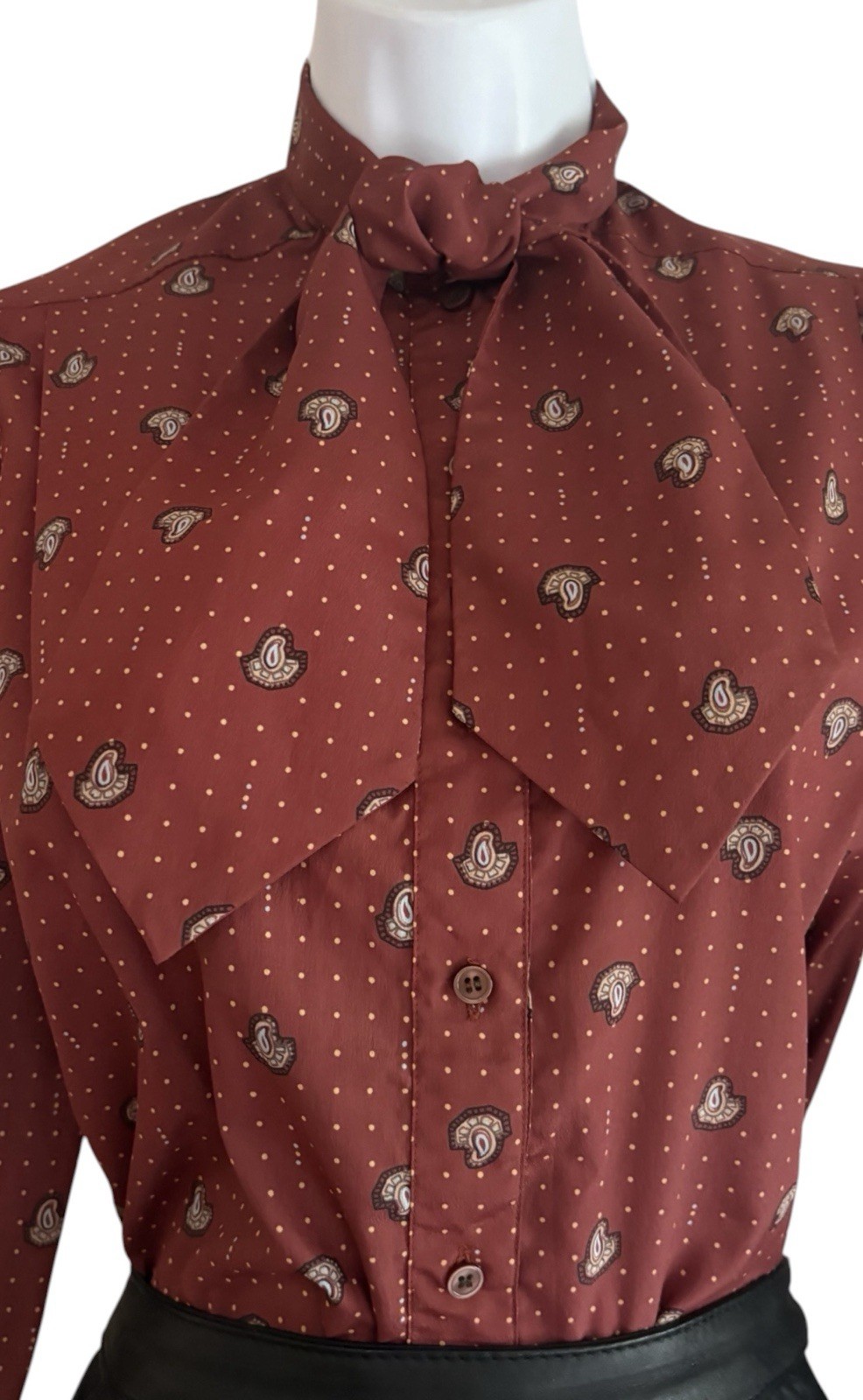 Vintage Evan Picone Secretary Blouse 80s Rust Paisley Bow Tie Blouse M