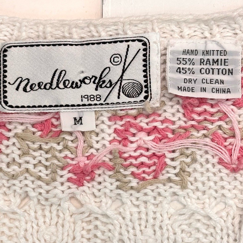 Vintage Cottage-core 80’s White Pink Floral Hand Knit Granny Cardigan Sweater