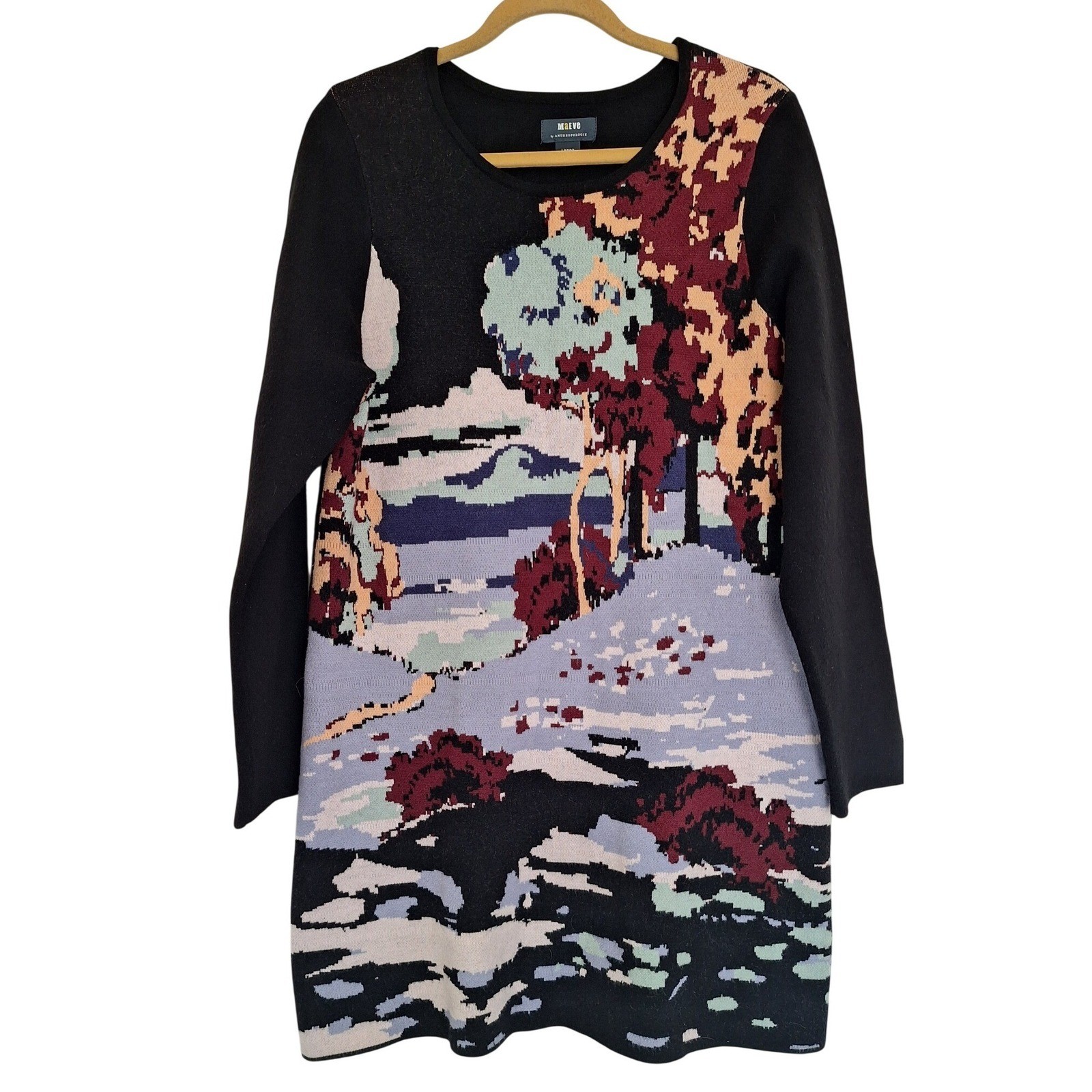 Anthropologie Maeve Scenic Mini Sweater Dress Size L Knit Bohemian Mini