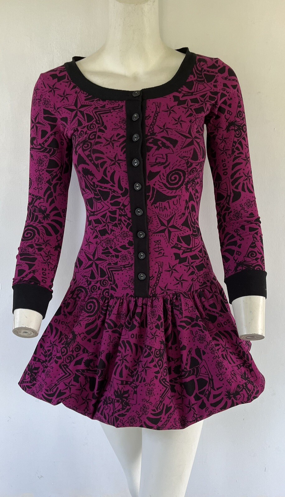 Vintage Betsey Johnson 2010 Runway Graffiti Cotton Knit Bubble Hem Dress