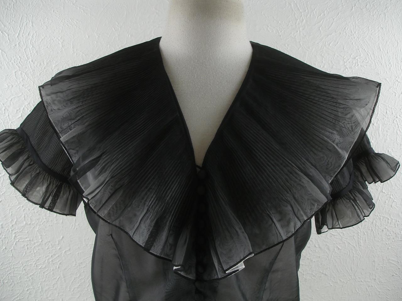 Women’s M Vtg 1940’s Penny Potter Black Sheer Top Blouse Ruffled Victorian Look