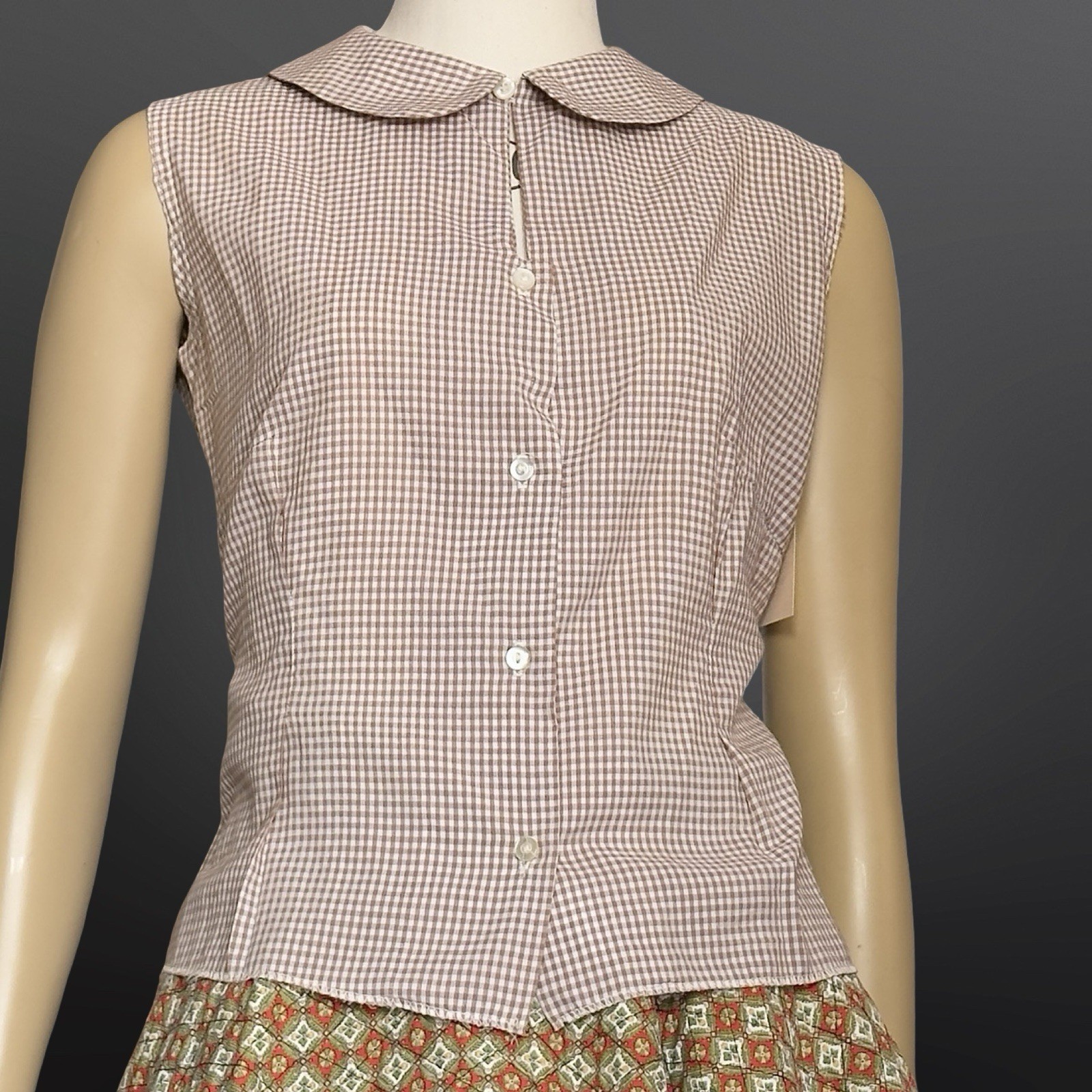 1950s Gingham Sleeveless Blouse Peter Pan Collar Vintage Movie Sony Studios