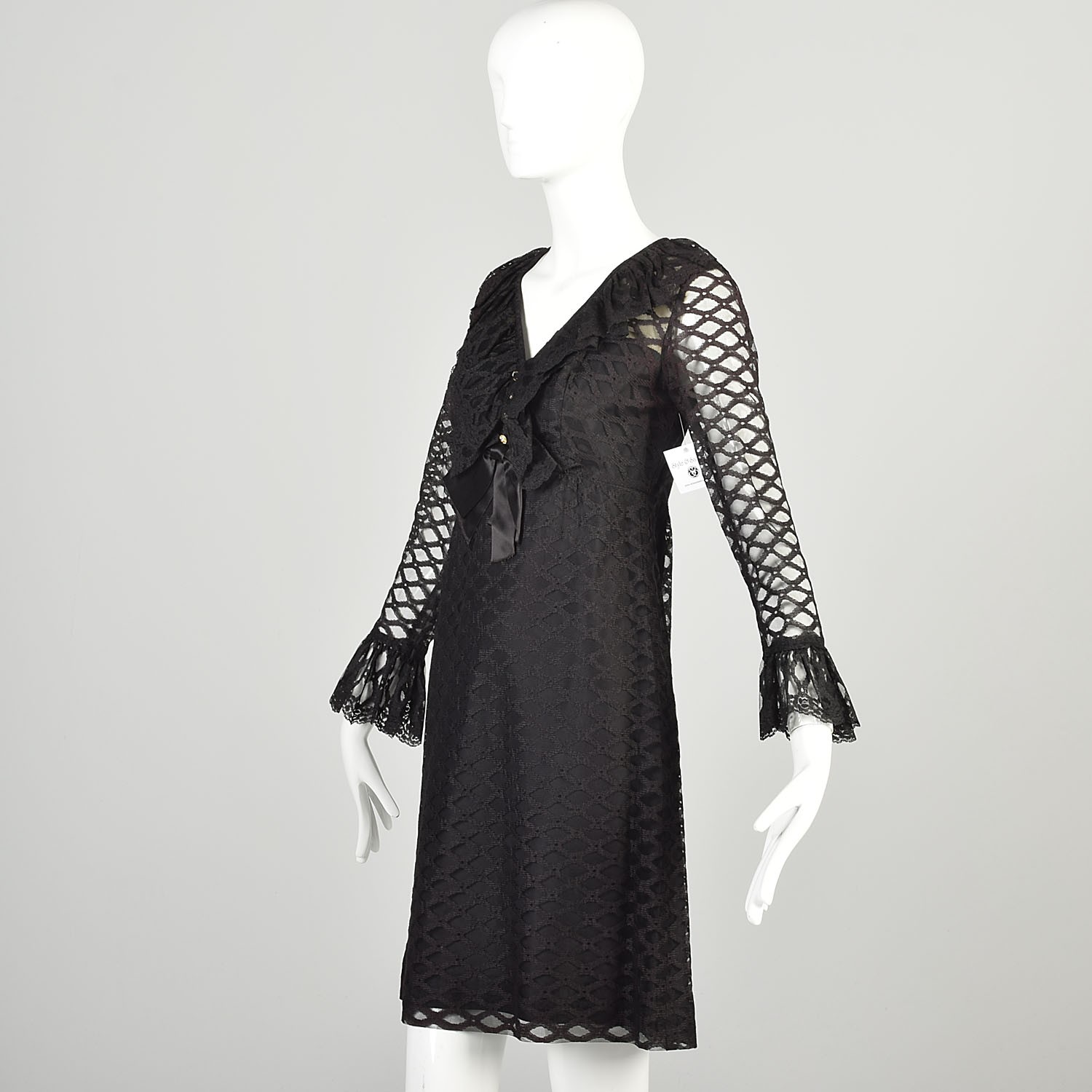 Medium 1970s Black Mini Dress Sheer Long Sleeve Ruffle Collar Cocktail Party LBD