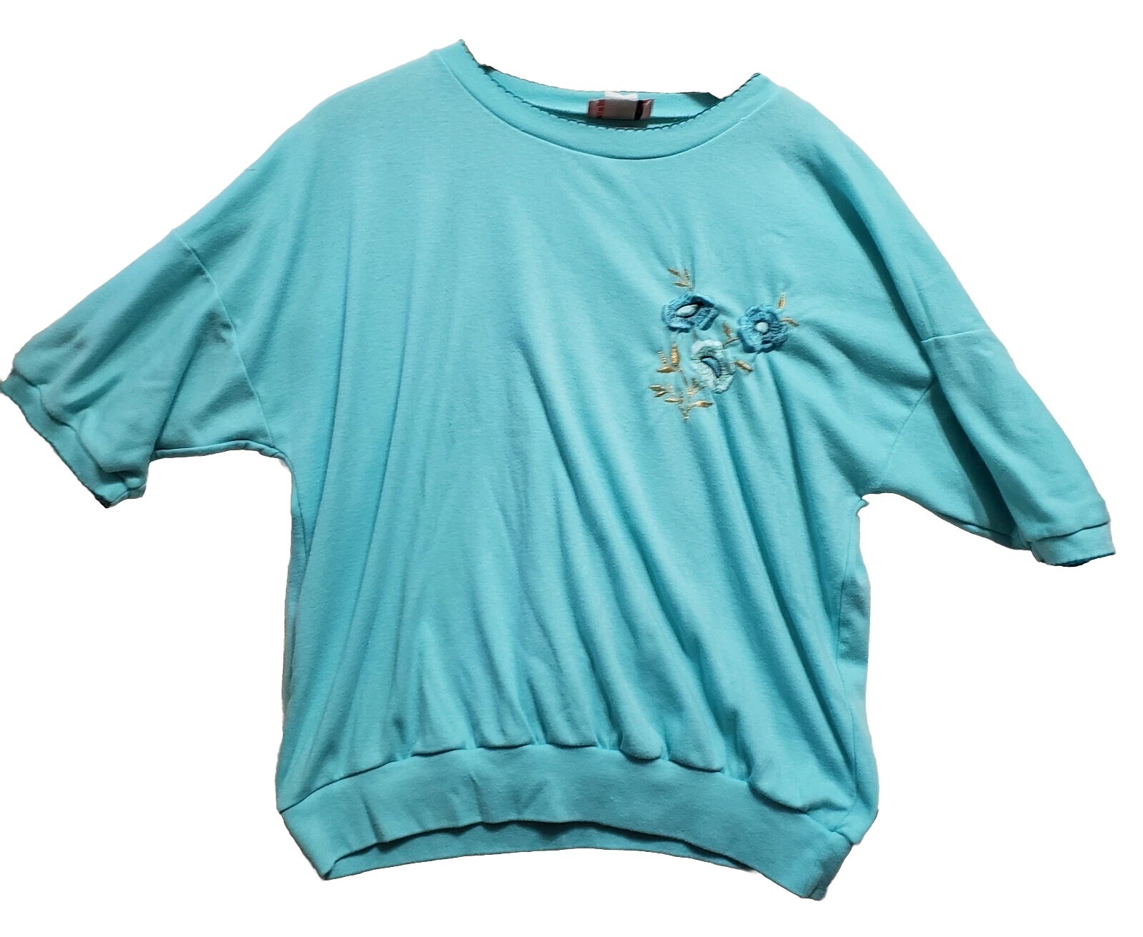 Vintage Womens CLUB USA Cuffed Sleeve Shirt Teal Blue Embroidered Flowers 90s