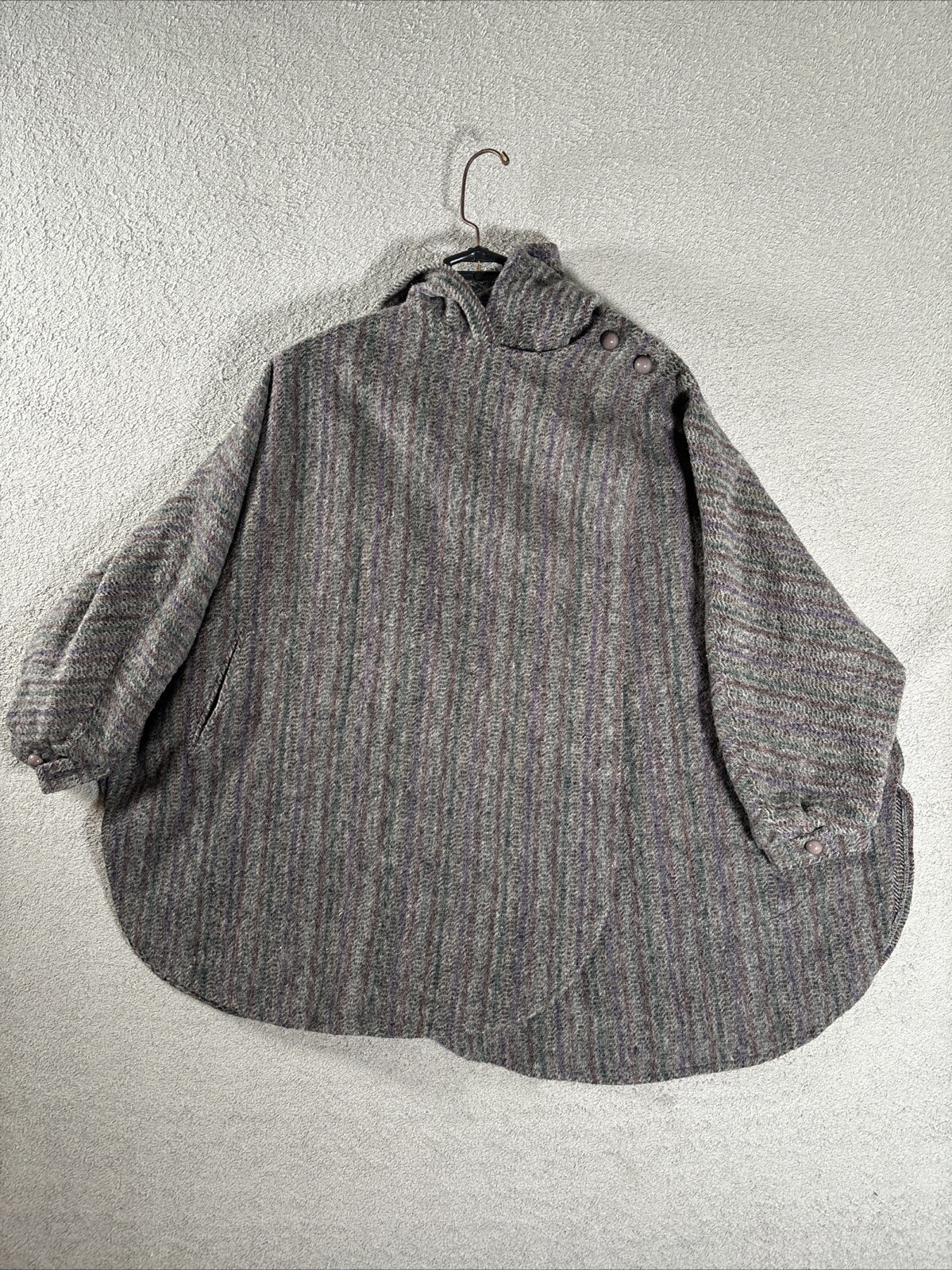 Vintage Claude Danielle Tweed Hooded Poncho Cape Grey Purple Red Women L-XXL