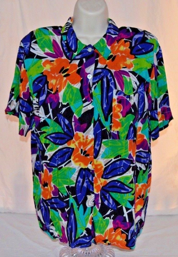 VTG 90s Melrose Options Floral Button Up Bright Colors Womans L Made in USA