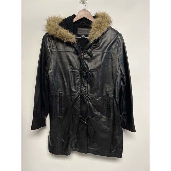 Vintage Soft Lambskin Leather Womens Coat Toggle Faux Fur Trim XL Grunge Goth