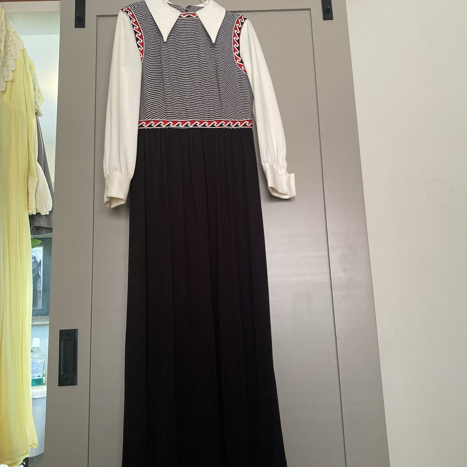 Vtg 70’s Carol Craig Maxi Dress W Black And Whote Striped Bodice Collar Sz 14