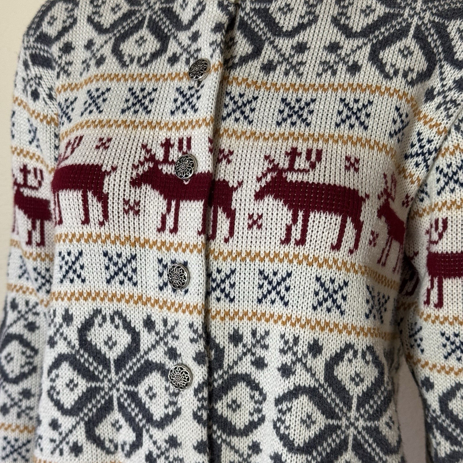 Vintage Jersild Reindeer Fair Isle Cardigan Sweater Cream Navy Burgundy Sz 38