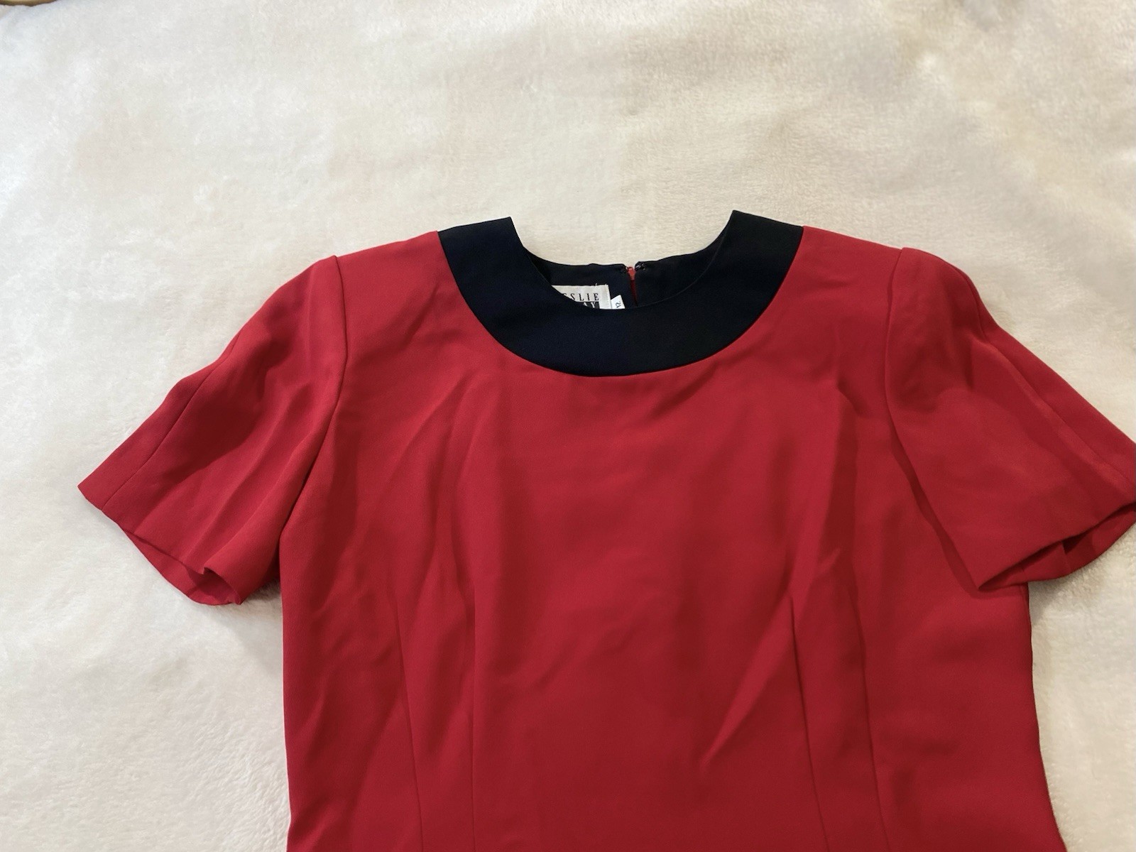 True VTG 80s 90s Leslie Fay Women’s 12 Pencil Red Midi Dress Short Sleeve Career