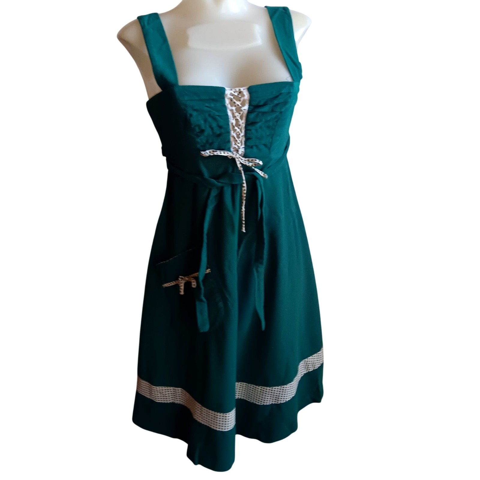 Vintage 1970’s Peasant Dress 9 Green Boho German Barmaid Dress Lace-Up Bodice