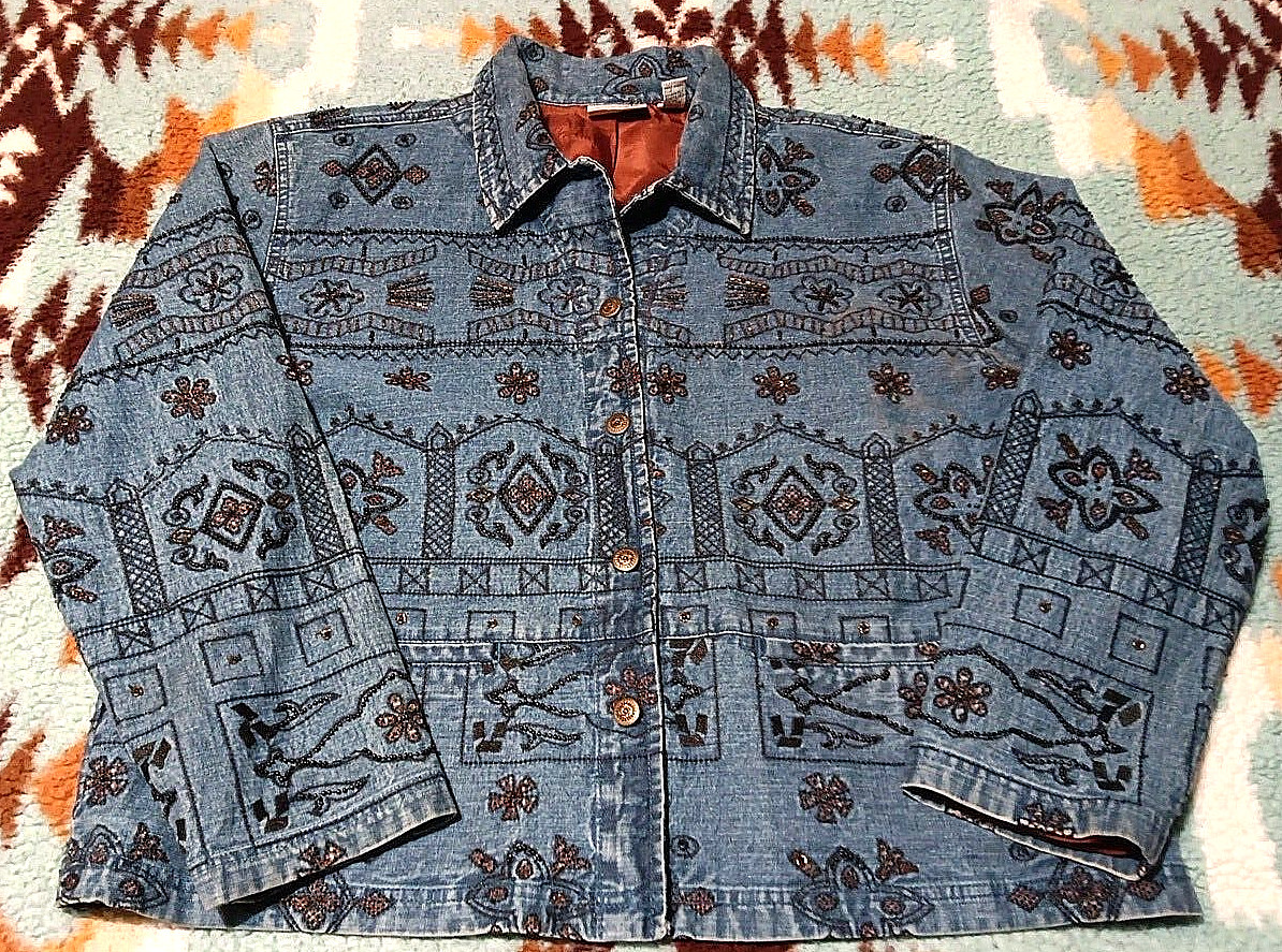 Vtg Chico’s Design BOHO Denim Beaded Jacket SILK Lined Hand-beaded Sz LG