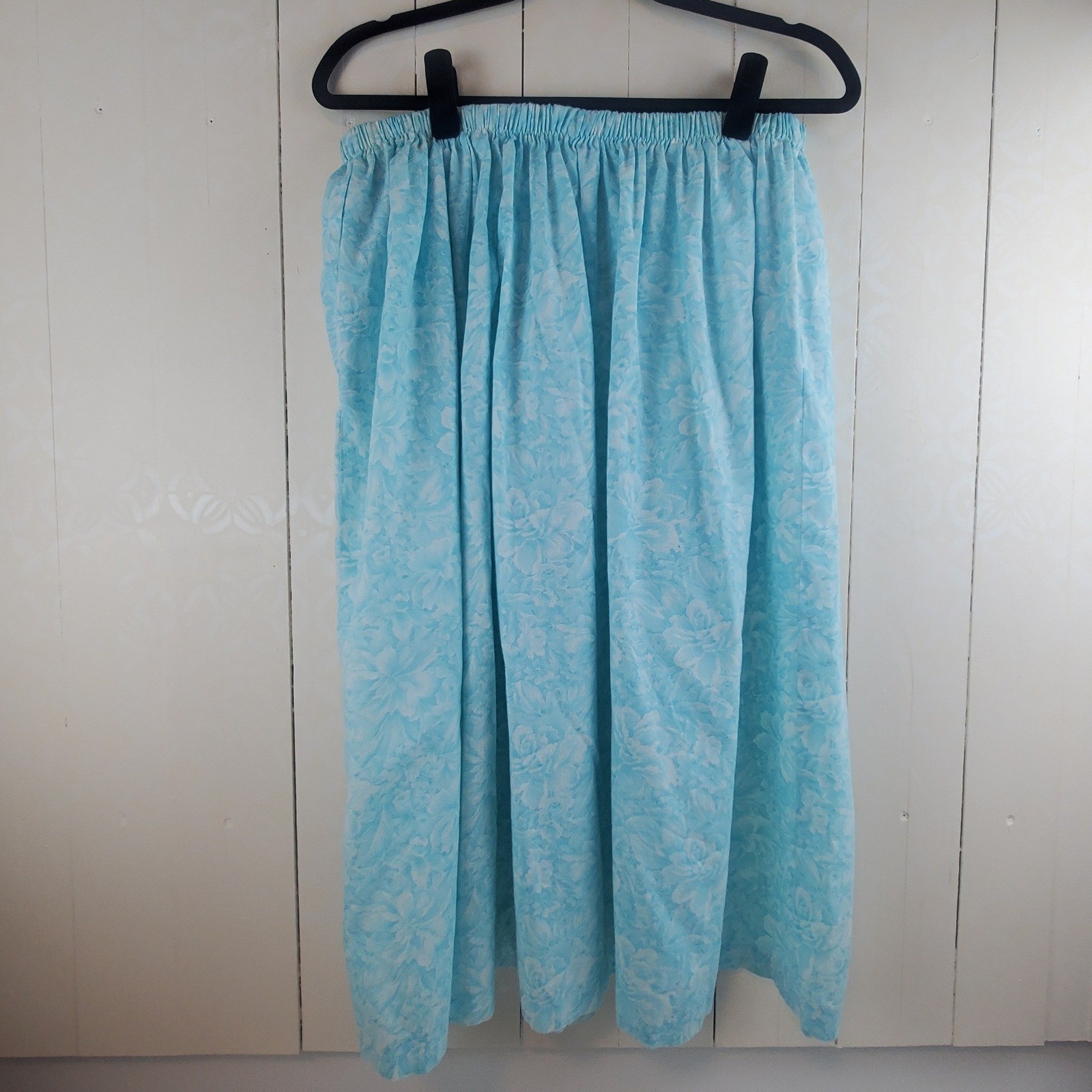 Vintage Floral Midi Skirt Turquoise Blue White Elastic Waist Pockets Boho
