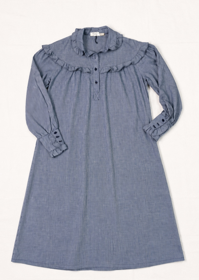Vintage You Babes II Fritz Blue Pinstripe Prairie Dress Ruffle Yoke Size Small