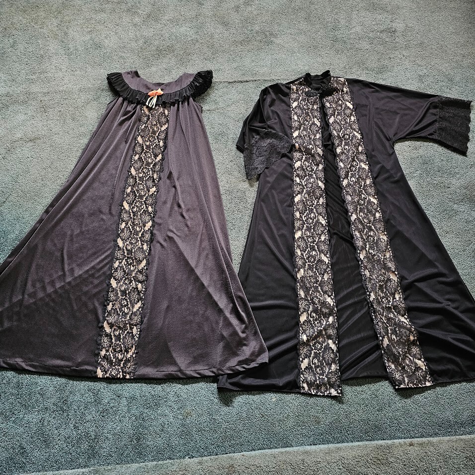 Vtg 60s Gothic Illusion Lace Romantic Peignoir Nightgown Robe Hostess Gown OS