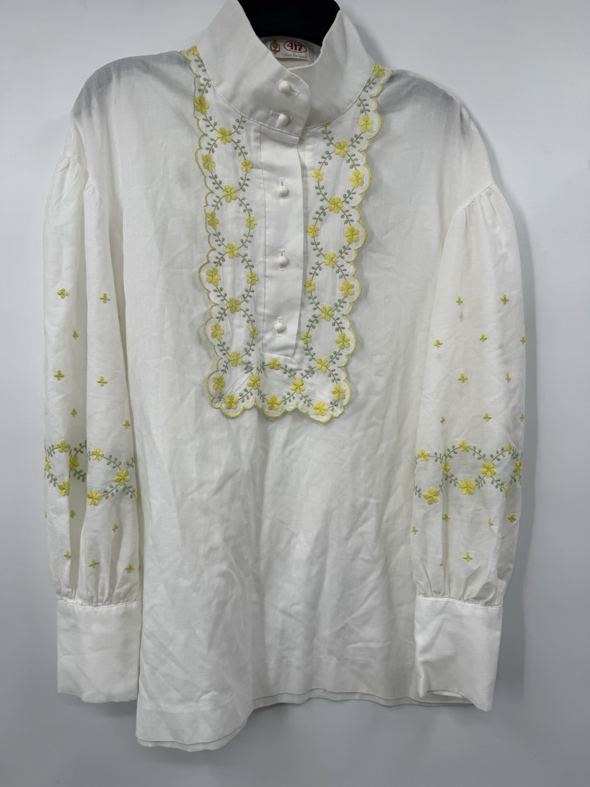 Vintage 417 Van Heusen Embroidered Blouse Hippie Peasant Yellow Flowers Size Med