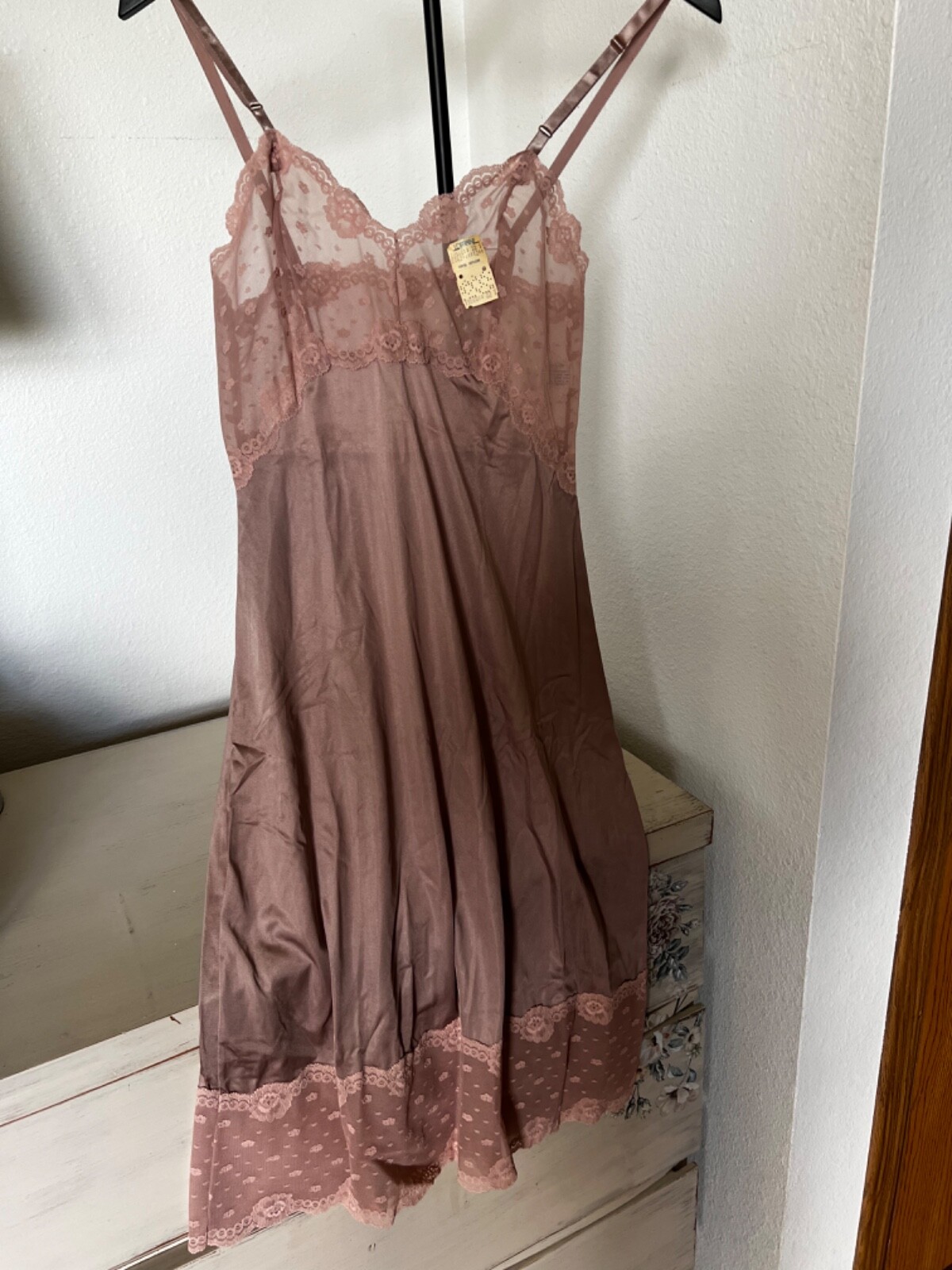 vintage NOS Lorraine lacy full slip dress NWT size 32 Tall mocha color