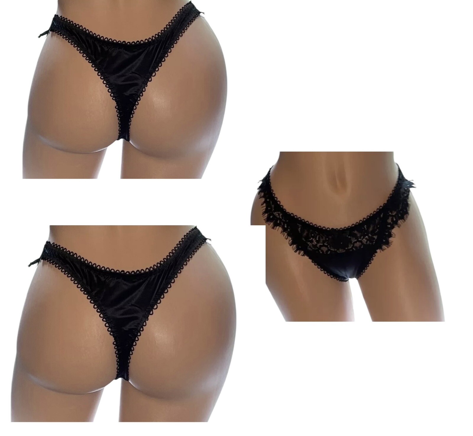 Lot of 3 Black Shiny Satin Glossy Lace Fringe Thong Panties Womens L New