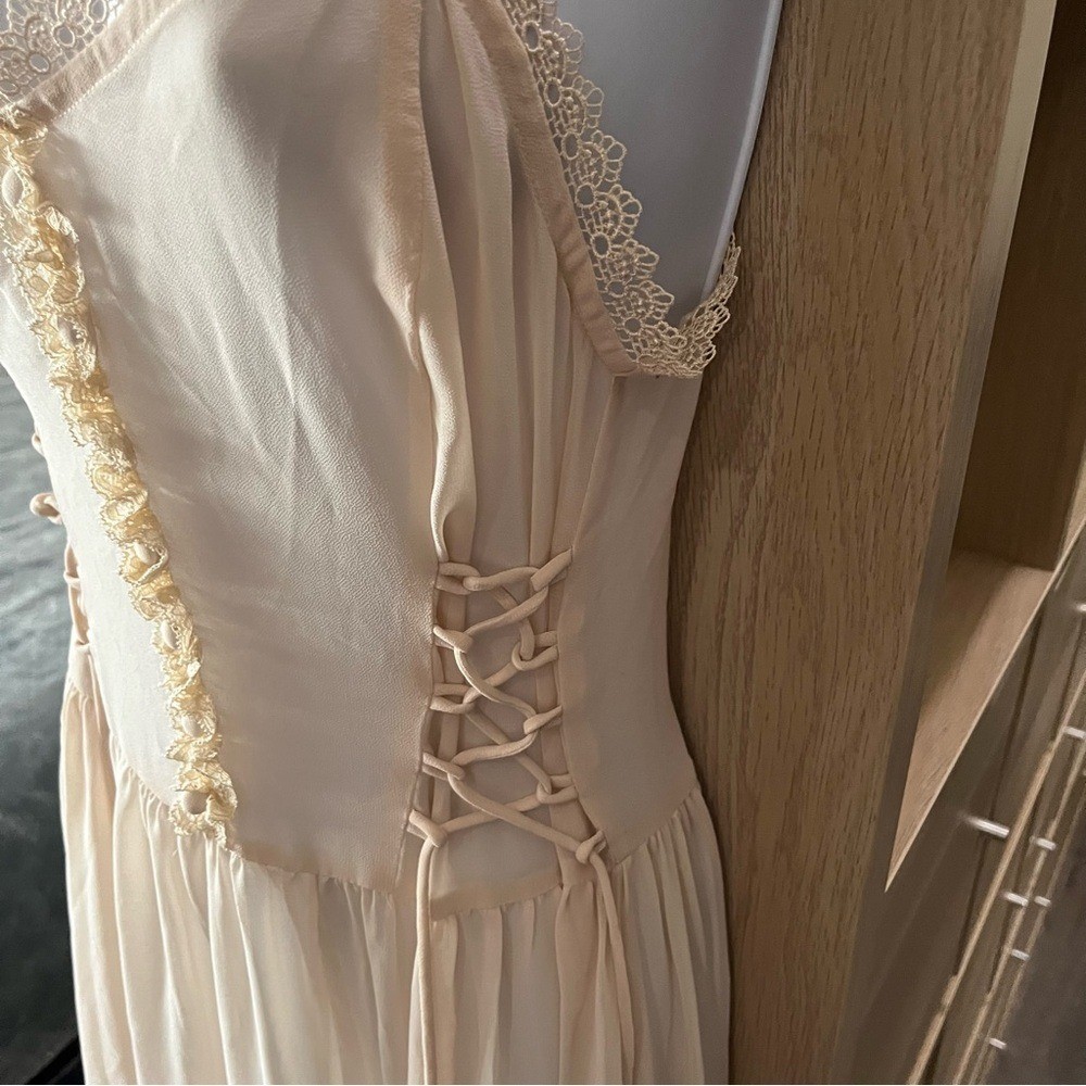 Y2K Vintage Victorian Dolls Kill Cream and Gold Pleated Maxi Dress for Weddings