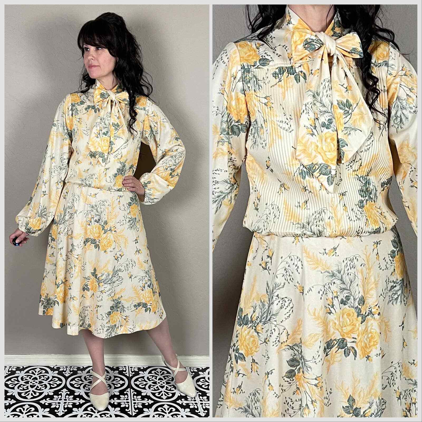 Vintage 1960s Yellow Floral Print Long Sleeve Kitten Bow Midi Dress – S/M