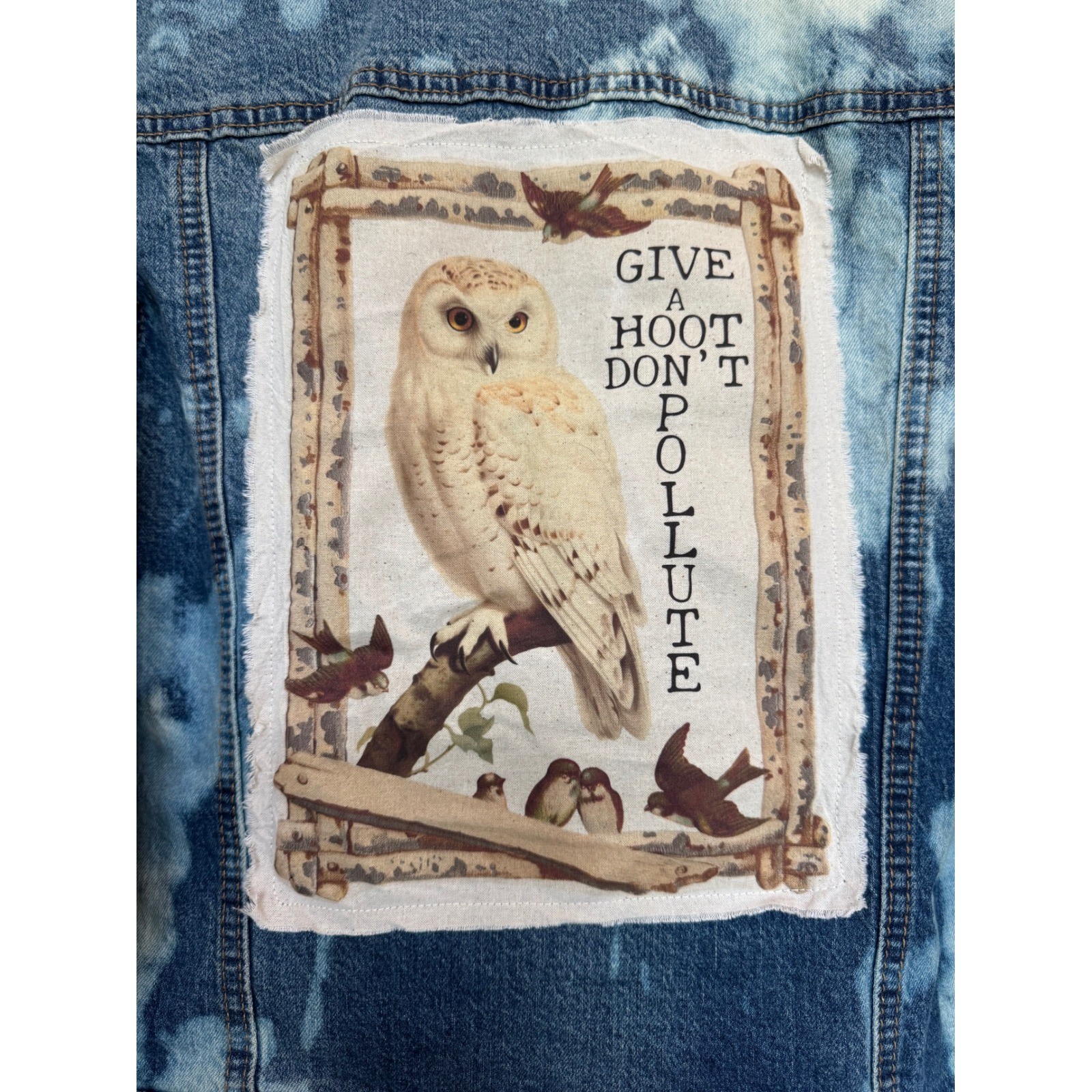 OOAK Bleached Owl Denim Jacket Give A Hoot Don’t Pollute Art Medium