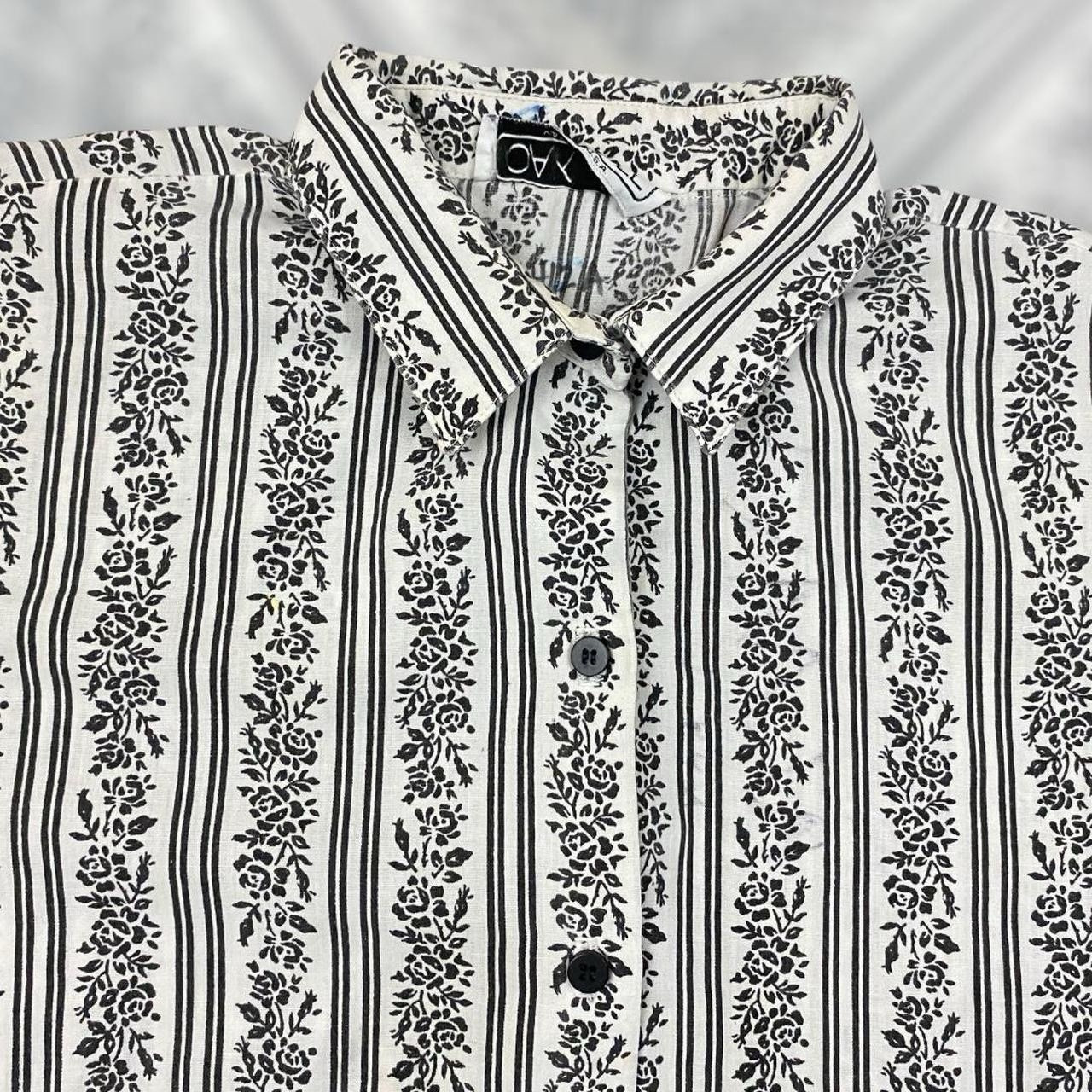 VTG 80s 90s Oak Hill Floral Button Up Shirt Blouse Top Womens L/XL White Black