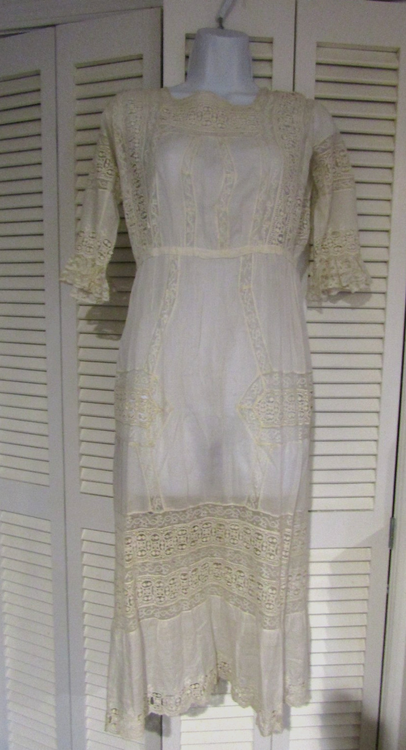 Vtg 1890’s Victorian Edwardian DAY DRESS Lace Cotton WONDERFUL Handmade Lace