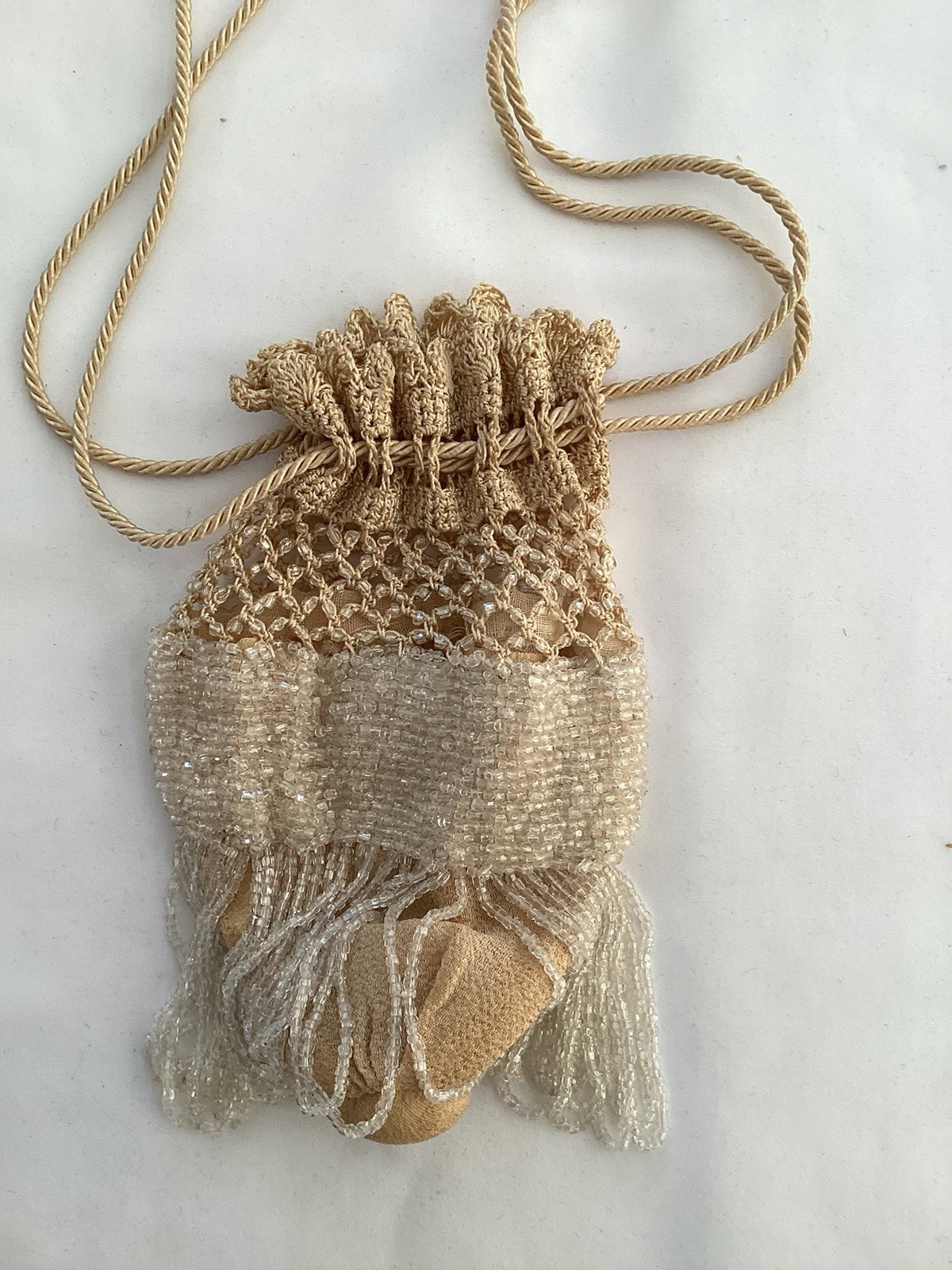 Antique Edwardian Silk Crêpe And Crochet White Glass Beads Reticule Evening Bag