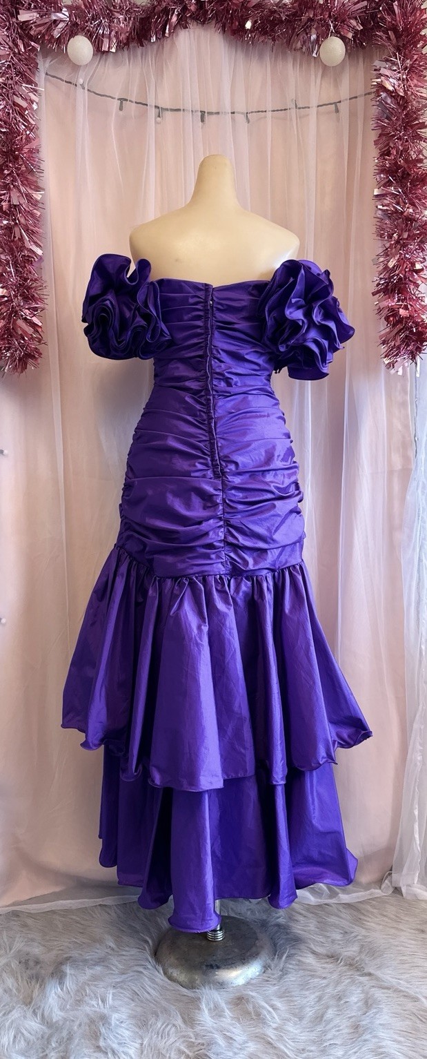 Vintage 80s Formal Prom Party Evening Dress Purple Sequins Poufy Sleeves M