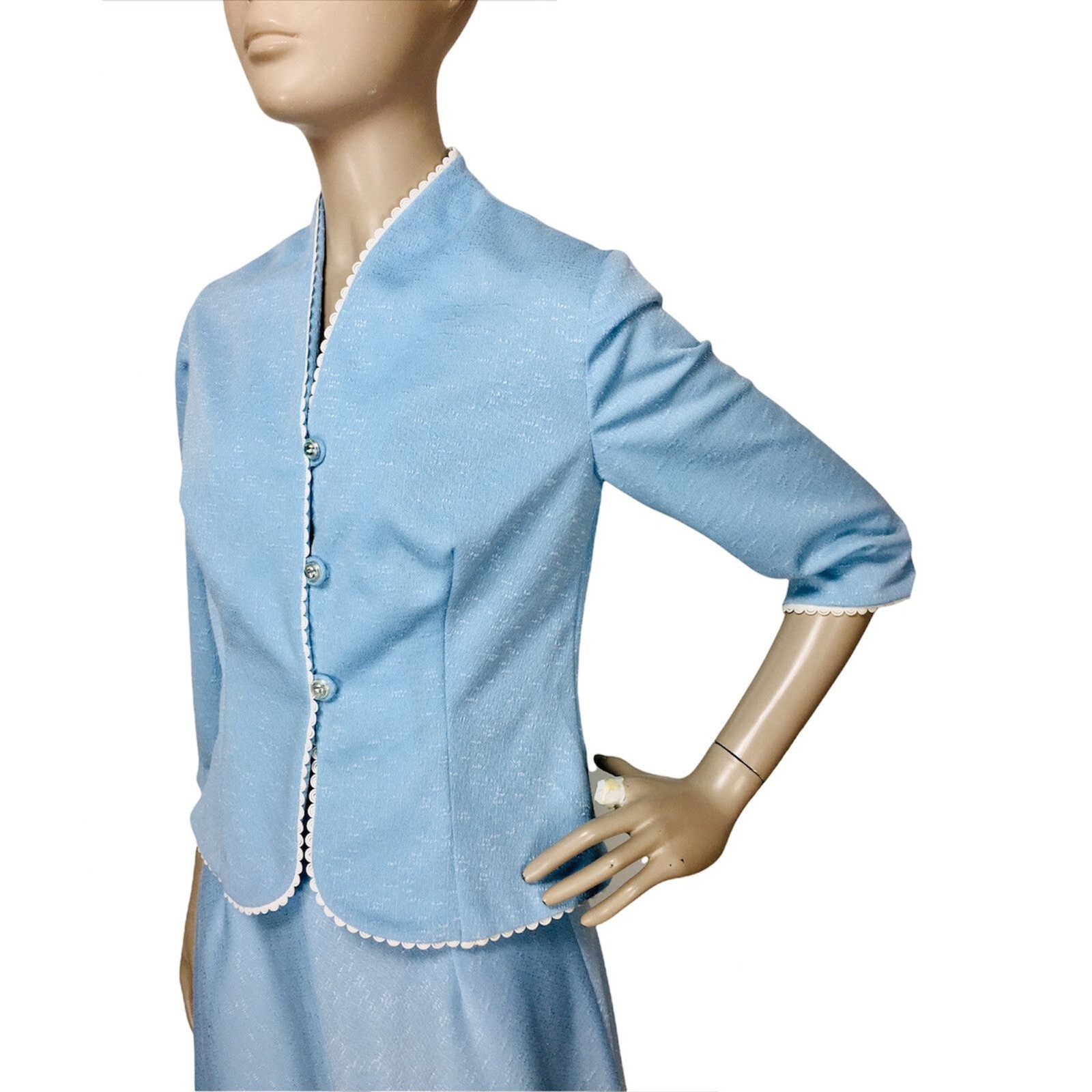 Vintage 60s Blue Rick-Rack Trim Jacket and A-Line Skirt Suit Set XS/S/M