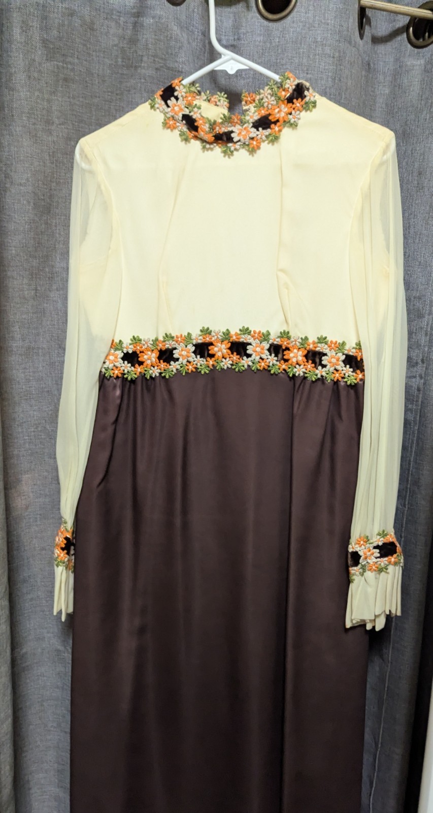 60s 70s Maxi Gown Satin Chiffon Sleeves Brocade Flower Trim