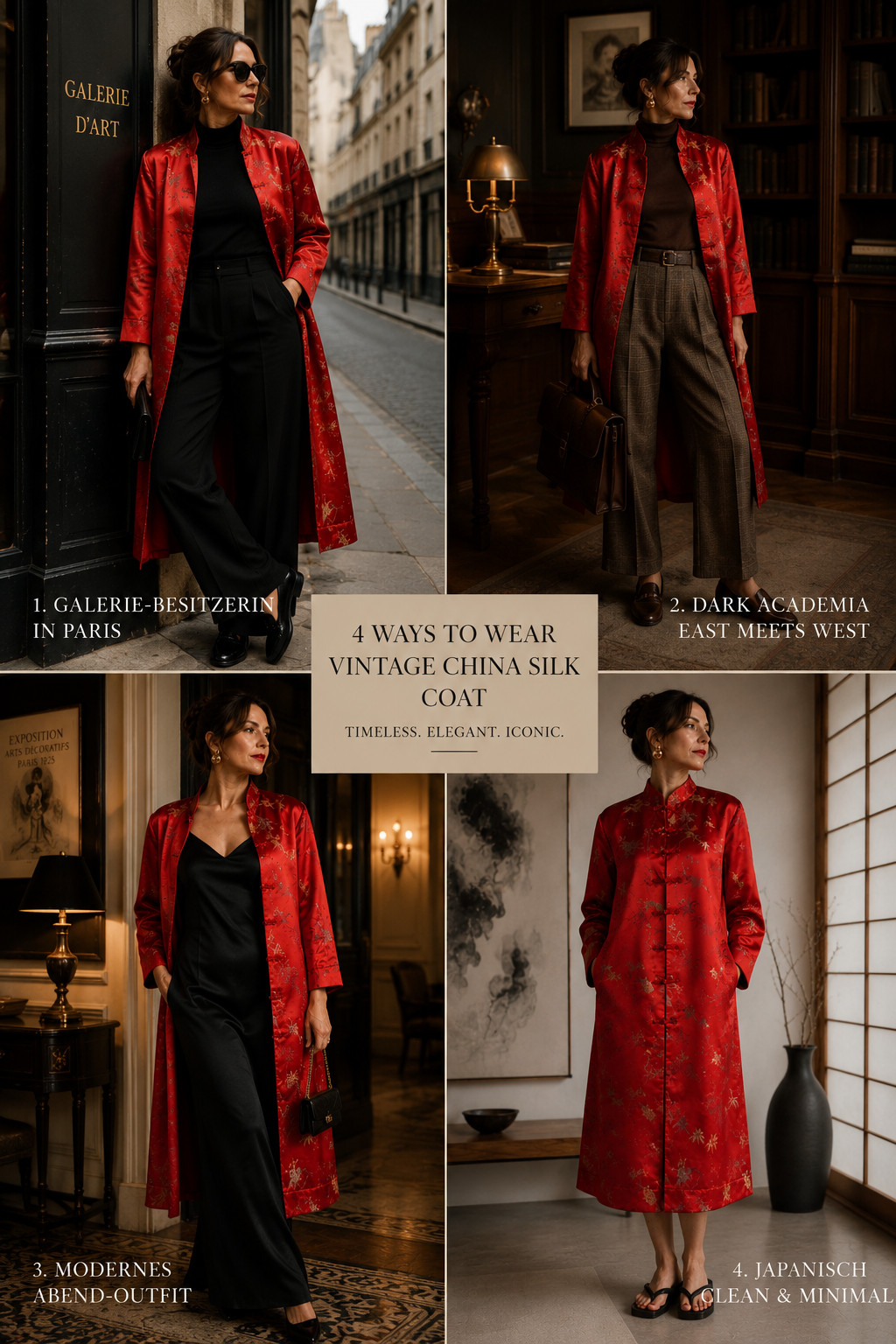 Vintage Kimono Silk Coat Red China Coat 70s Embroidery Silk Size 38 40 42