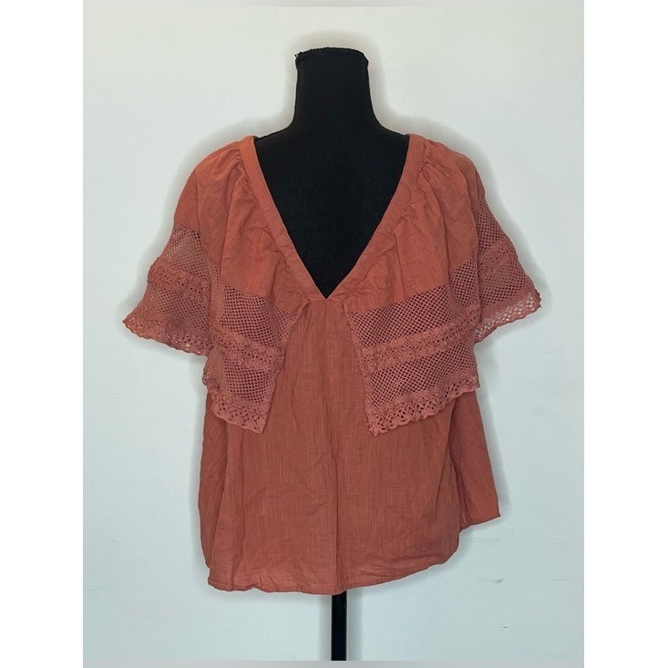 Old Navy Terracotta Cotton Crochet Lace Flutter Sleeve Boho Blouse Large
