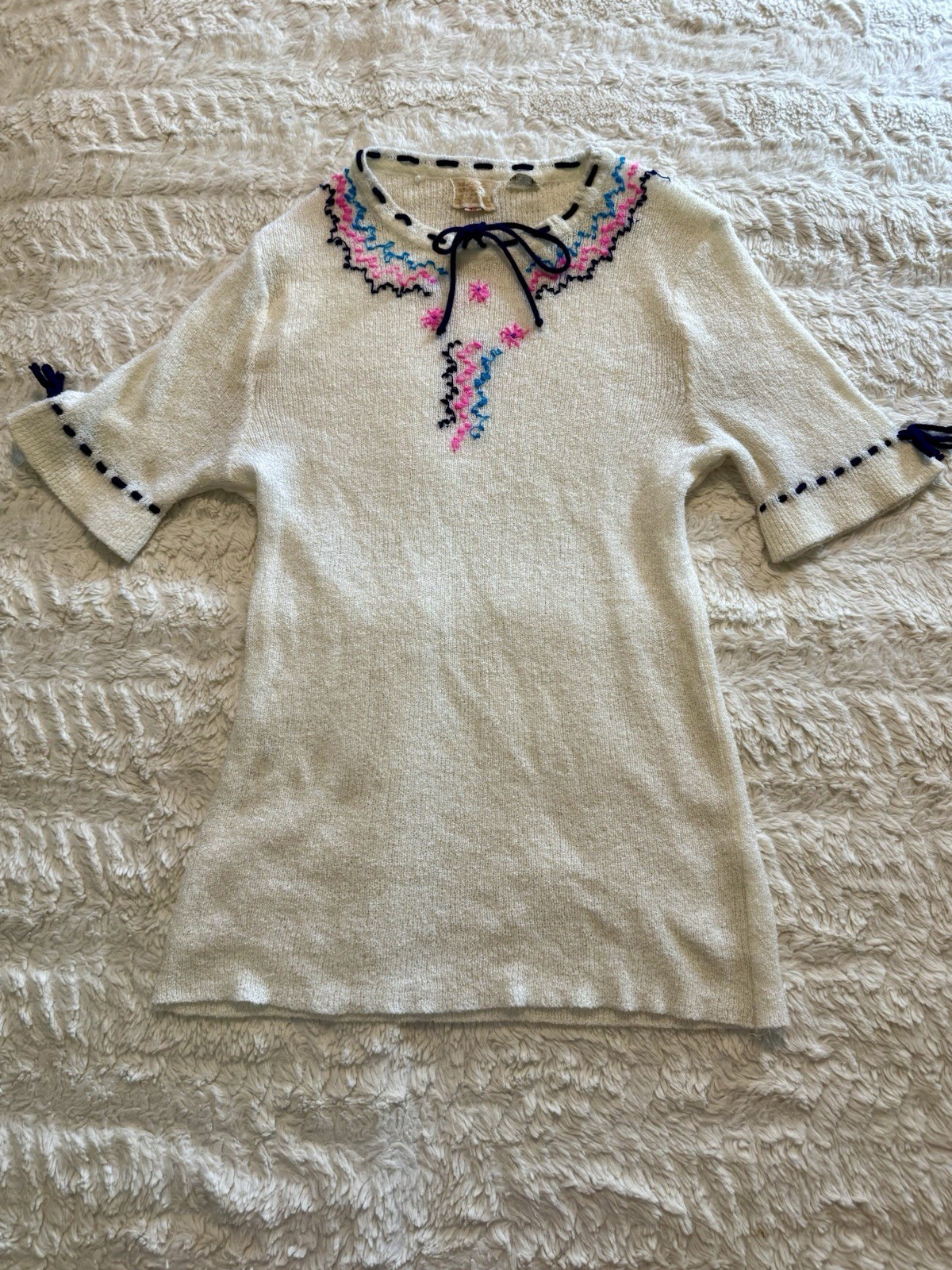 Vintage 70s Embroidered Knit Peasant Top Cream Boho Folk Cottagecore